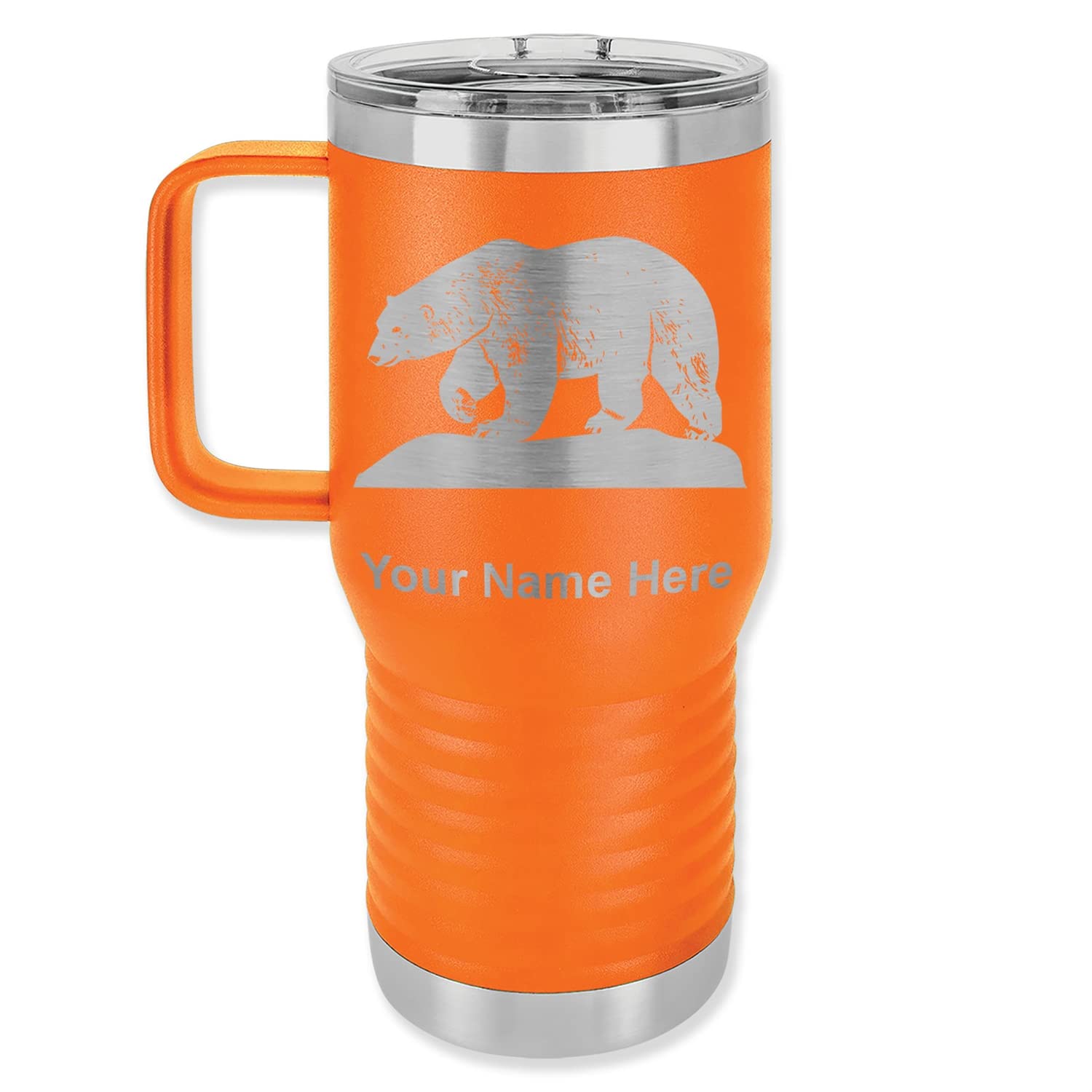 LaserGram 20oz Vacuum Insulated Stainless Steel Travel Mug with Handle - Polar Bear Design, Personalized Engraving, Orange - Keeps Drinks Hot/Cold for Hours - Perfect for Commuting, Camping & Office Use