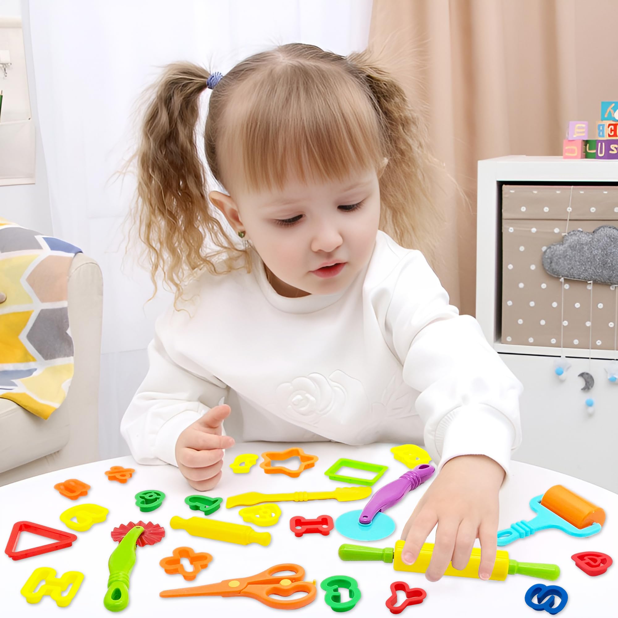 55-Piece Play Dough Tools Set for Kids - Alphabet, Numbers & Shape Cutters with Rollers & Scissors - Creative Learning & Sensory Play Toy for Preschool Classroom, Homeschool & Birthday Party Activities