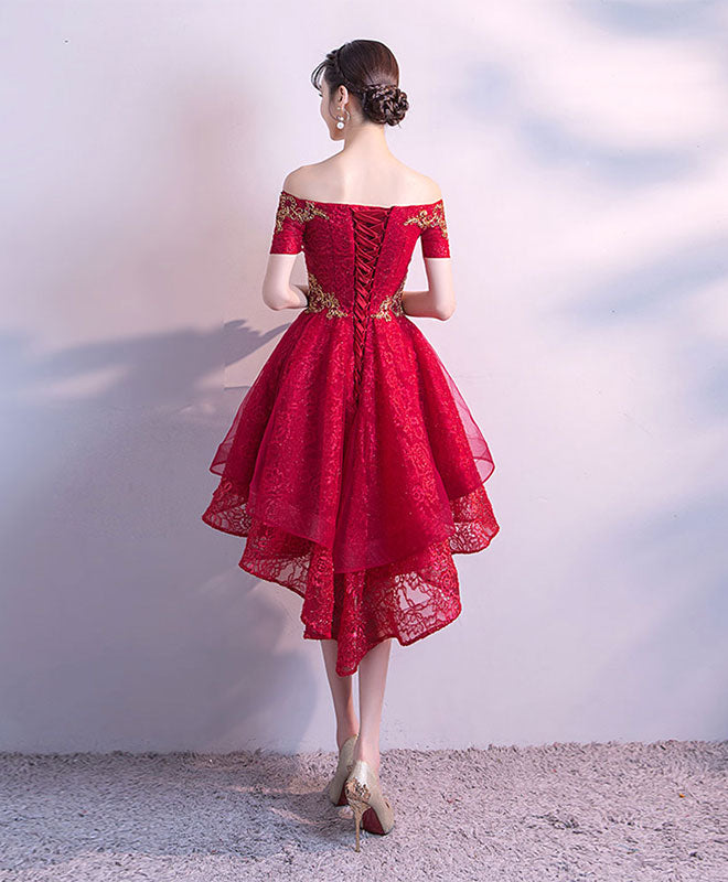 Elegant Burgundy Tulle Lace High-Low Prom Dress for Women | Homecoming Party Gown | Perfect for Formal Dances, Evening Events & Special Occasions