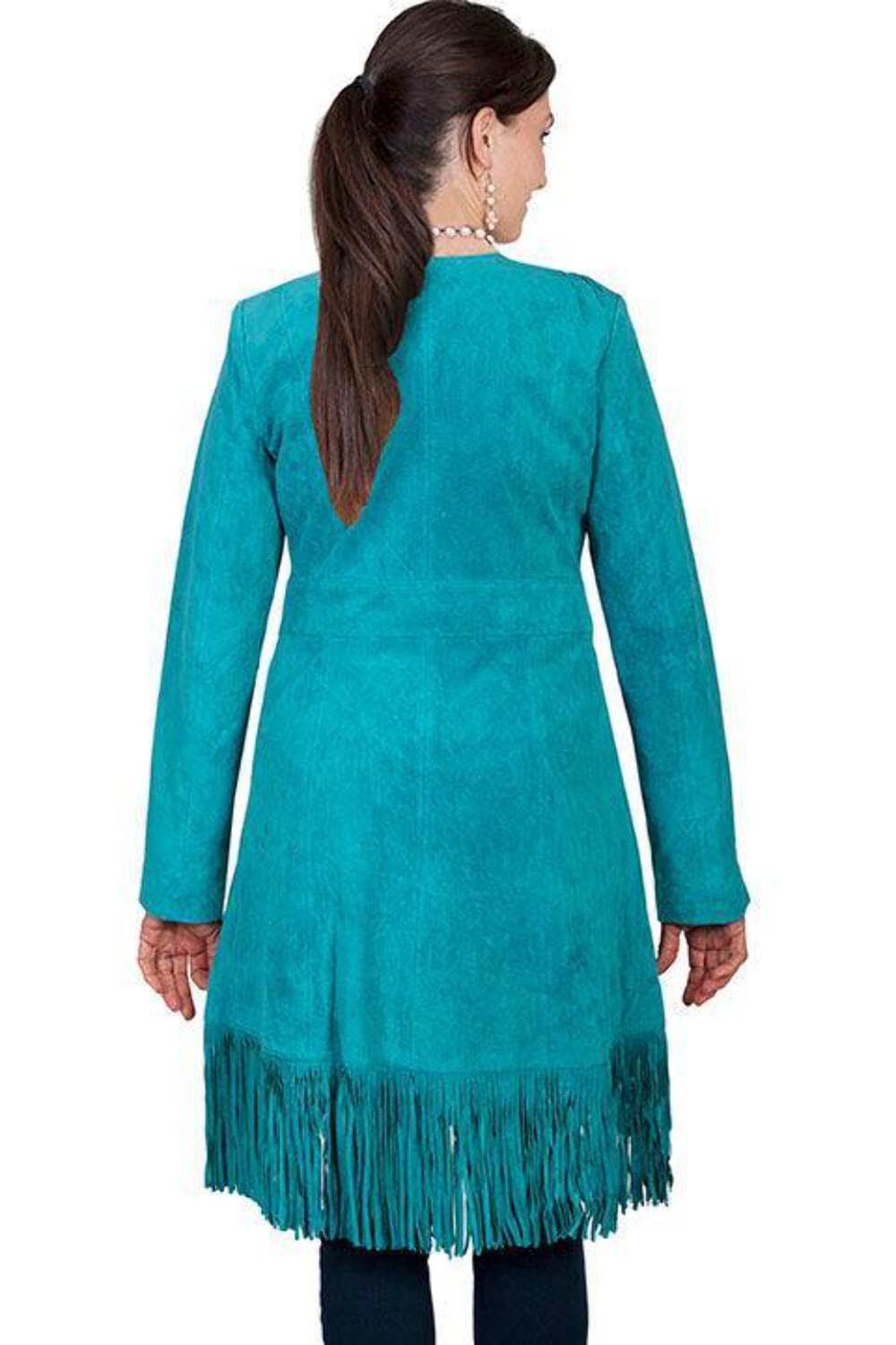 Scully Women's Boar Suede Fringed Maxi Coat - Turquoise, X-Large | Boho Chic Winter Jacket for Casual Outings & Festivals