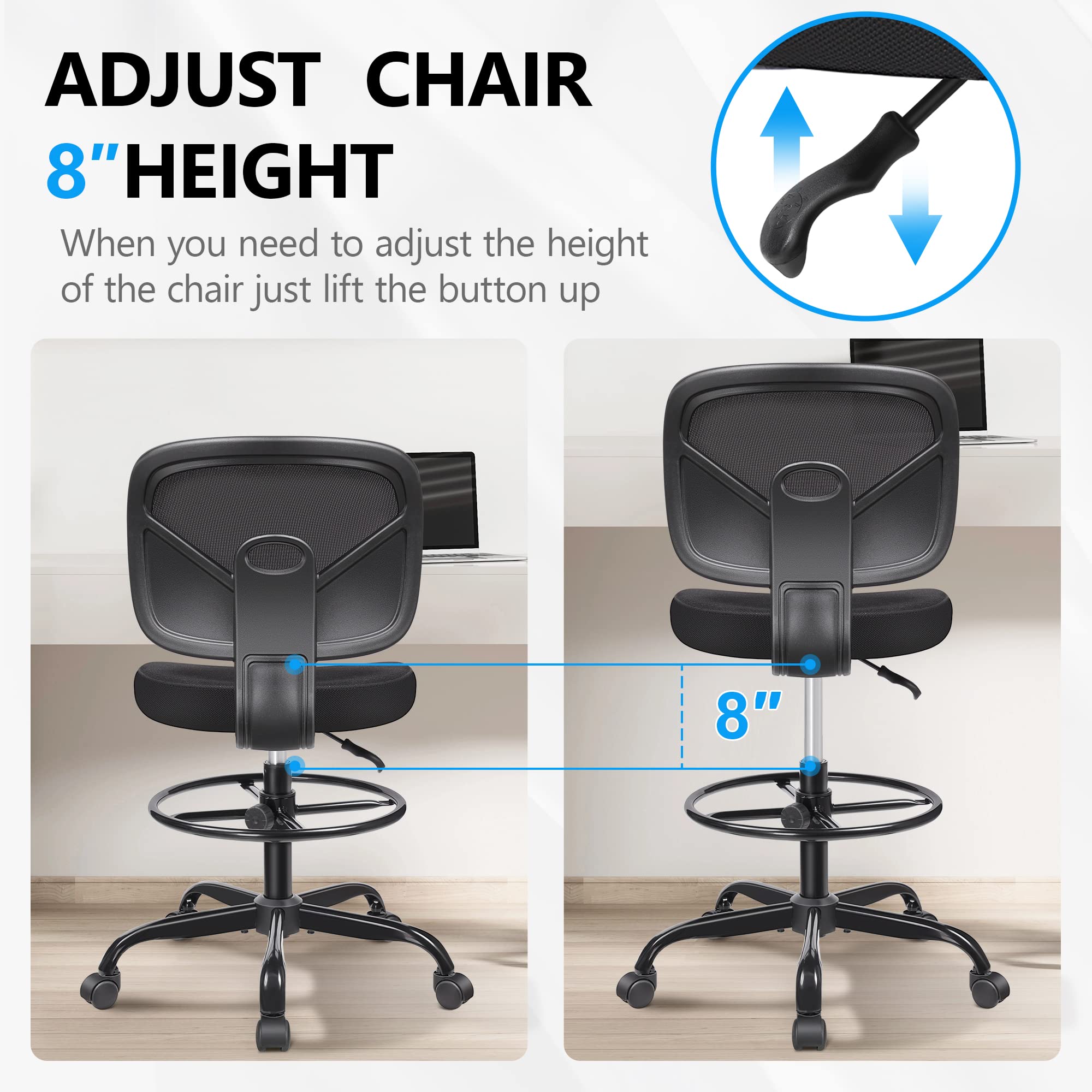 Primy Adjustable Height Drafting Chair - Armless Mid-Back Ergonomic Office Chair with Foot Ring & Mesh Back - Rolling Swivel Stool for Standing Desks, Art Studios, Home Office & Workspaces (Black)