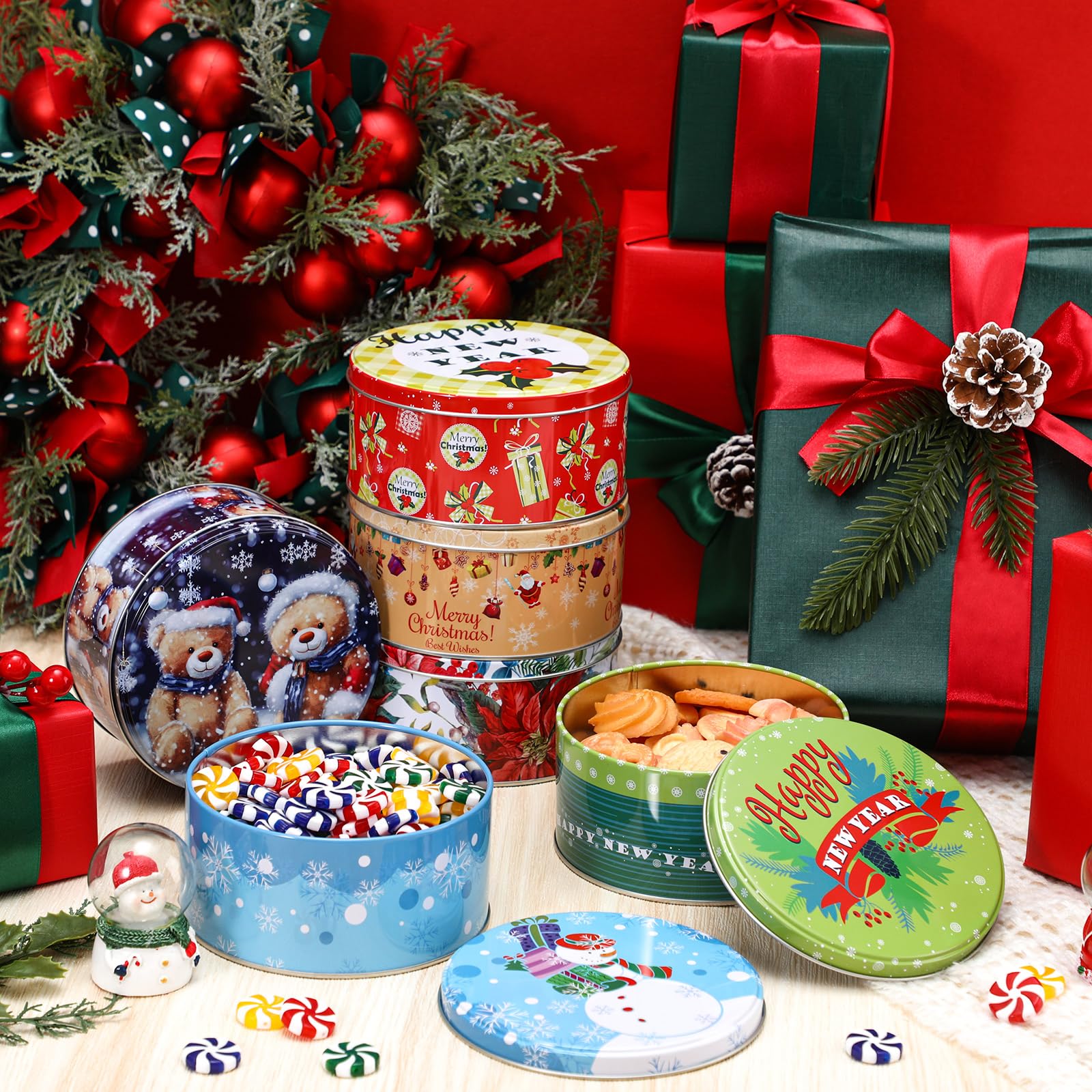 12 Pack Christmas Cookie Tins with Lids - Round Metal Holiday Gift Containers for Cookies, Candies & Party Favors - Classic Style Xmas Cookie Jars for Gift Giving, Baking & Holiday Decorations