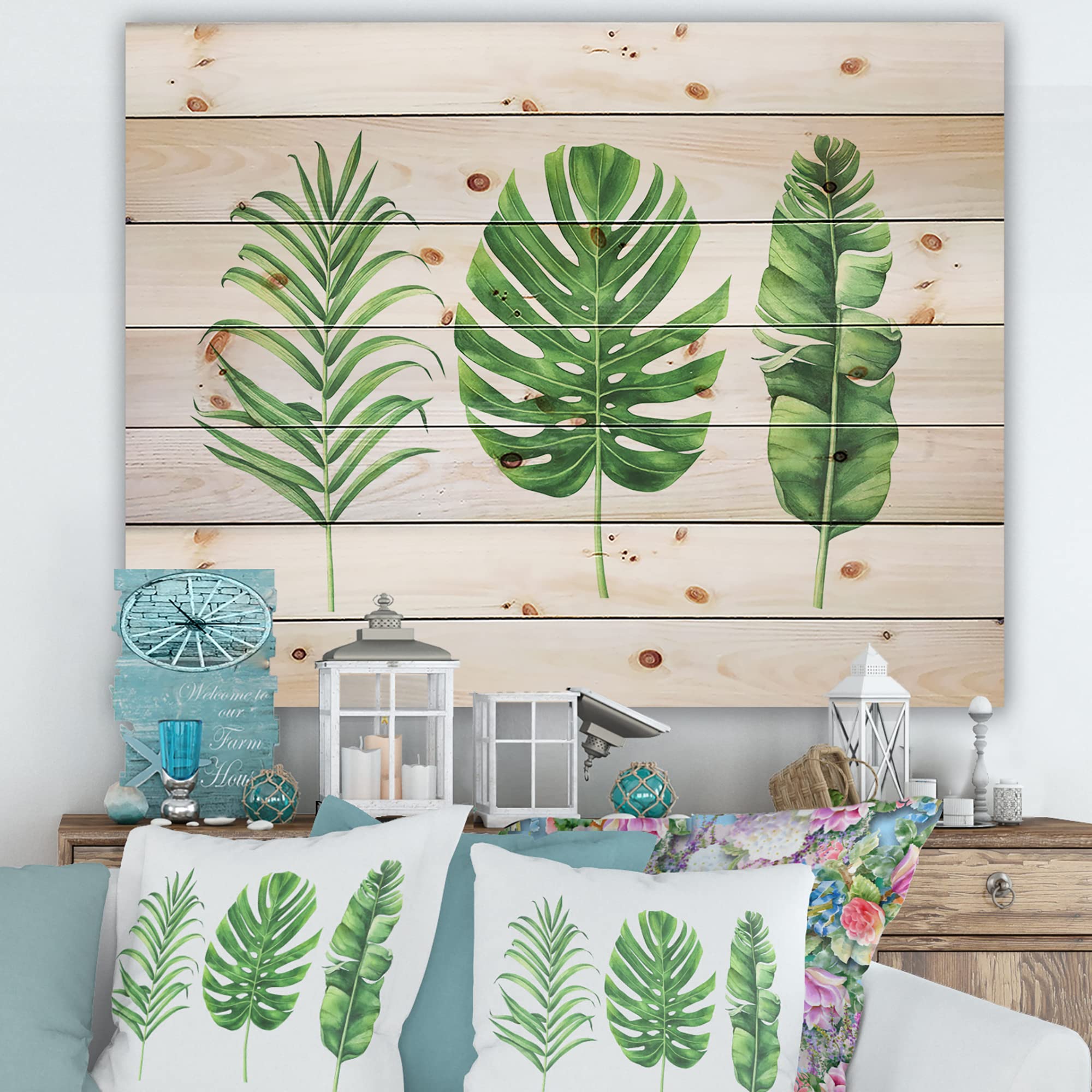 Monstera Leaf Wall Decor - Tropical Farmhouse Wood Wall Art, Large Floral Printed Pine Wood Panel for Living Room, Bedroom & Office