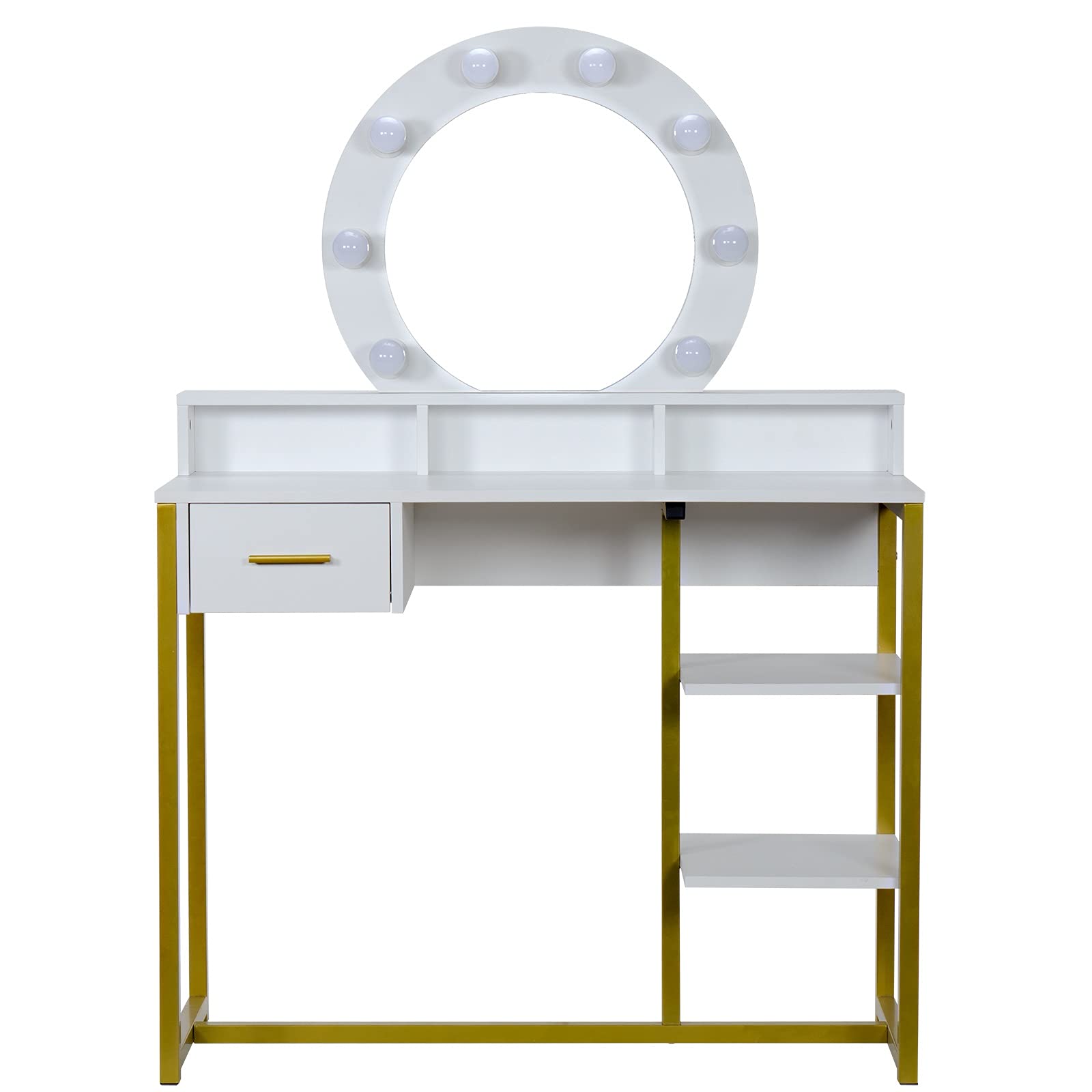 **Walnut Dresser with Round Mirror - Single Drawer, 2-Tier Steel Frame Vanity Table, White (100x40x78.5-140cm) - Perfect for Bedroom, Dressing Room & Makeup Station**