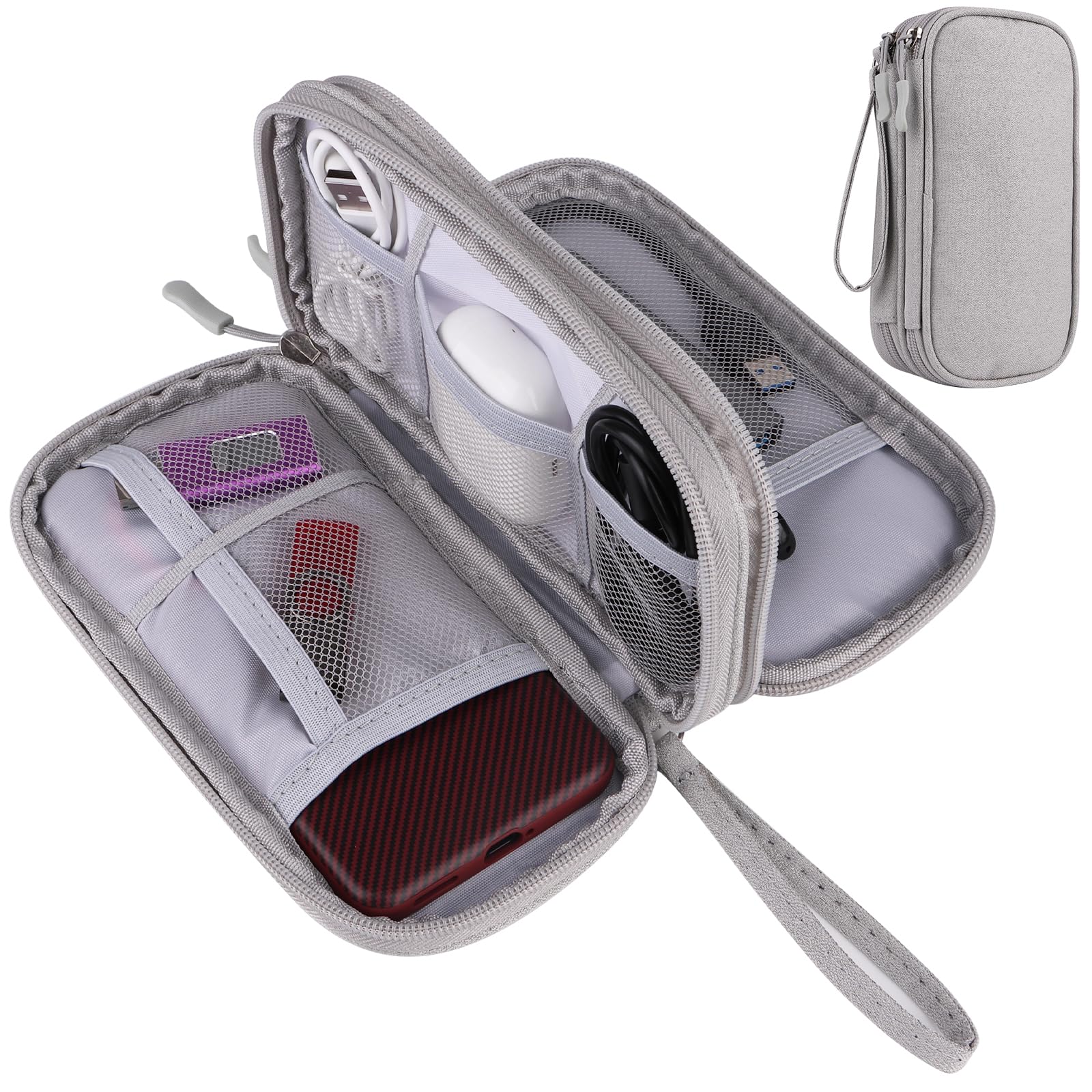 JIAKAI Double Layer Grey Travel Cable Organizer Bag - Universal Electronics Accessories Storage for Chargers, Phones & Cables | Perfect for Business Trips, Vacations & Daily Commute