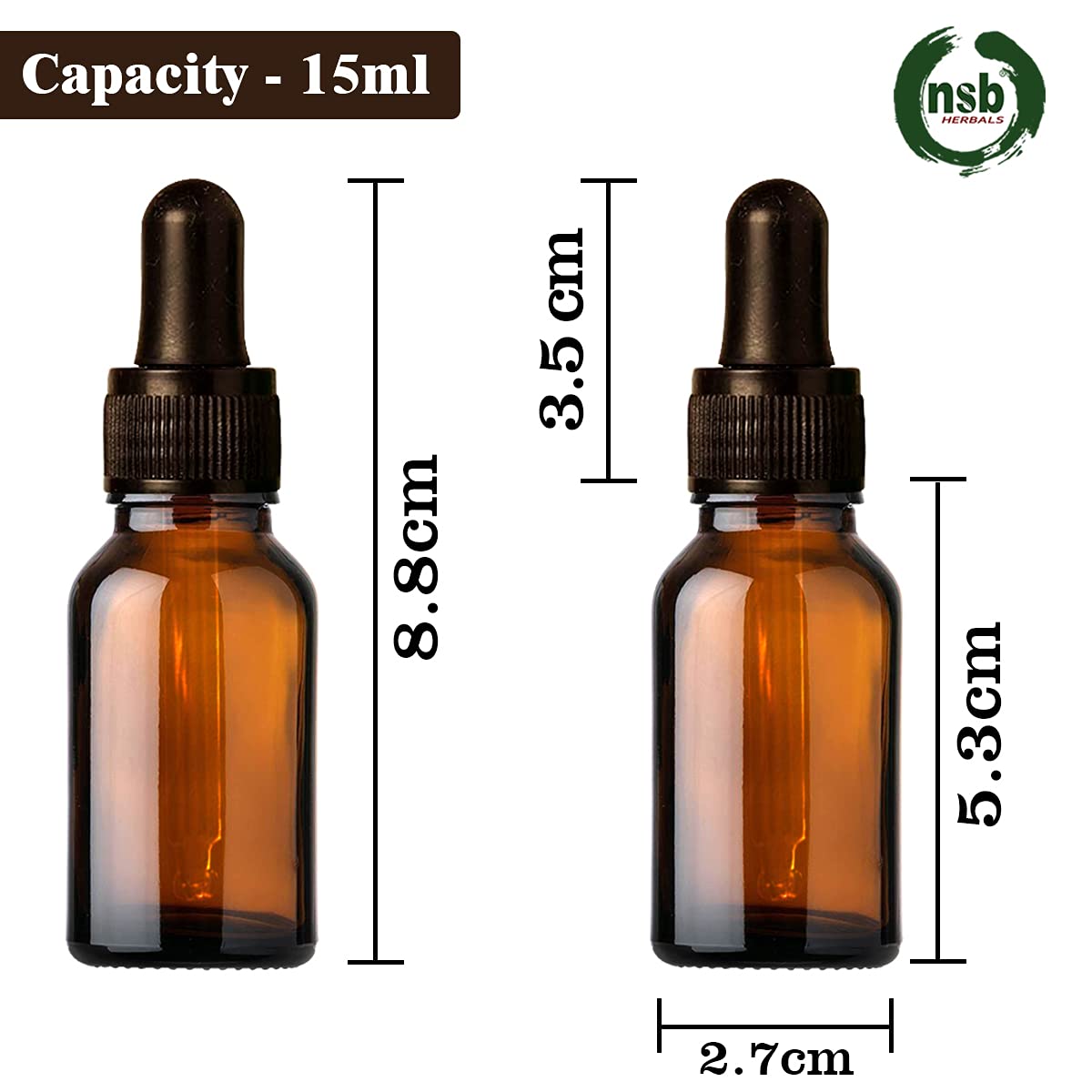 NSB Herbals 15ml Amber Round Empty Glass Bottle with Glass Dropper, Black Ring & Silicone Teat - Leak Proof, Refillable & Reusable Essential Oil Bottles for Aromatherapy, Perfume DIY, Travel (Pack of 6)