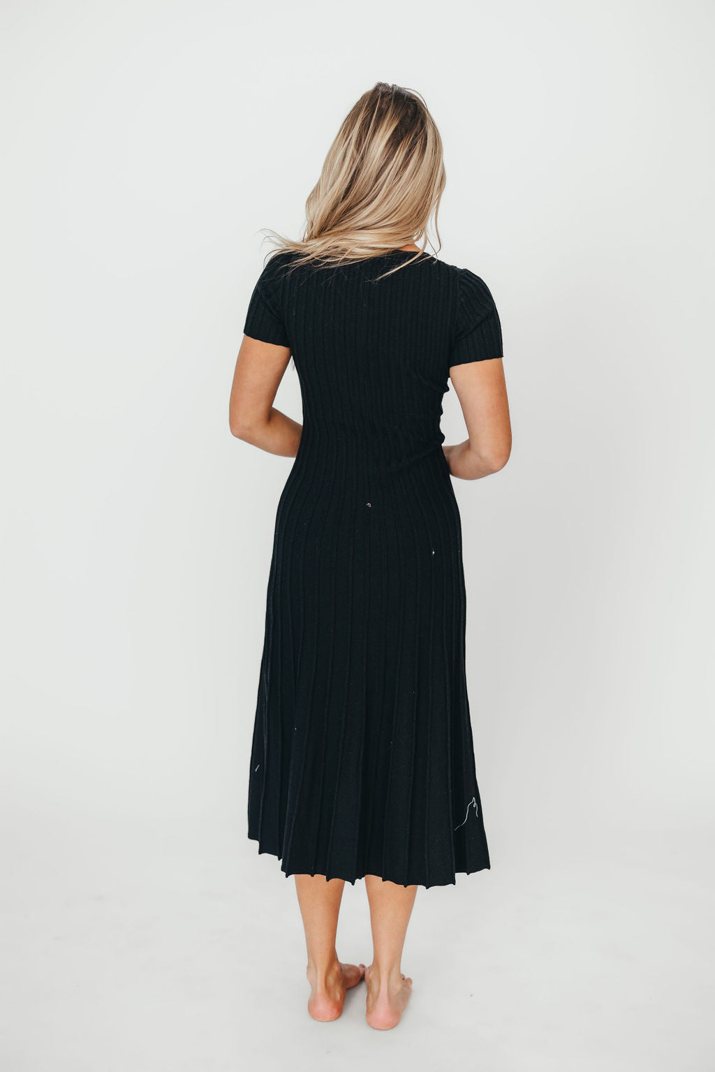 Winnie Front Bow Button Knit Midi Dress in Black - Bump Friendly Maternity Dress for Pregnancy, Nursing & Special Occasions