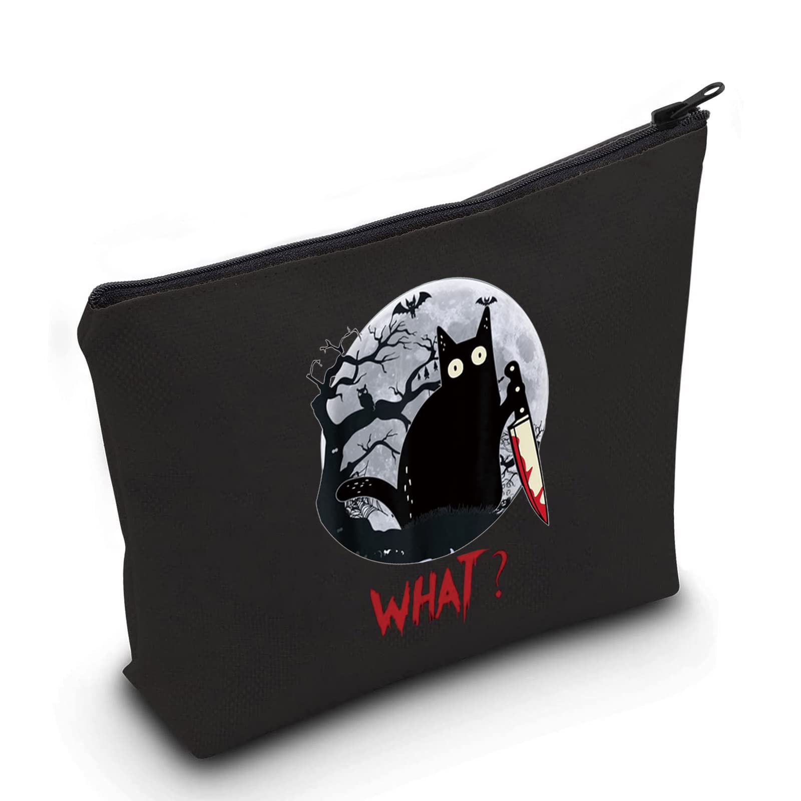 LEVLO Murderous Cat With Knife Makeup Bag - Cute Cartoon Animal Inspired Cosmetic Pouch - Perfect for Travel, Gifts & Daily Use (Black)