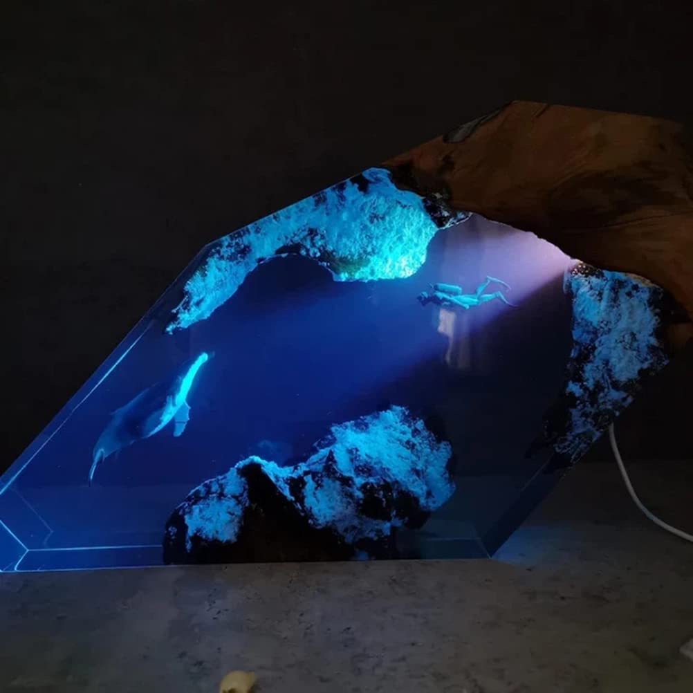 Kedejin Creative Epoxy Resin Wood LED Night Light - Large Diver & Humpback Whale Design, Deep Sea Cave Diving Theme - Perfect for Bedroom, Nursery, Home Decor and Gift Giving