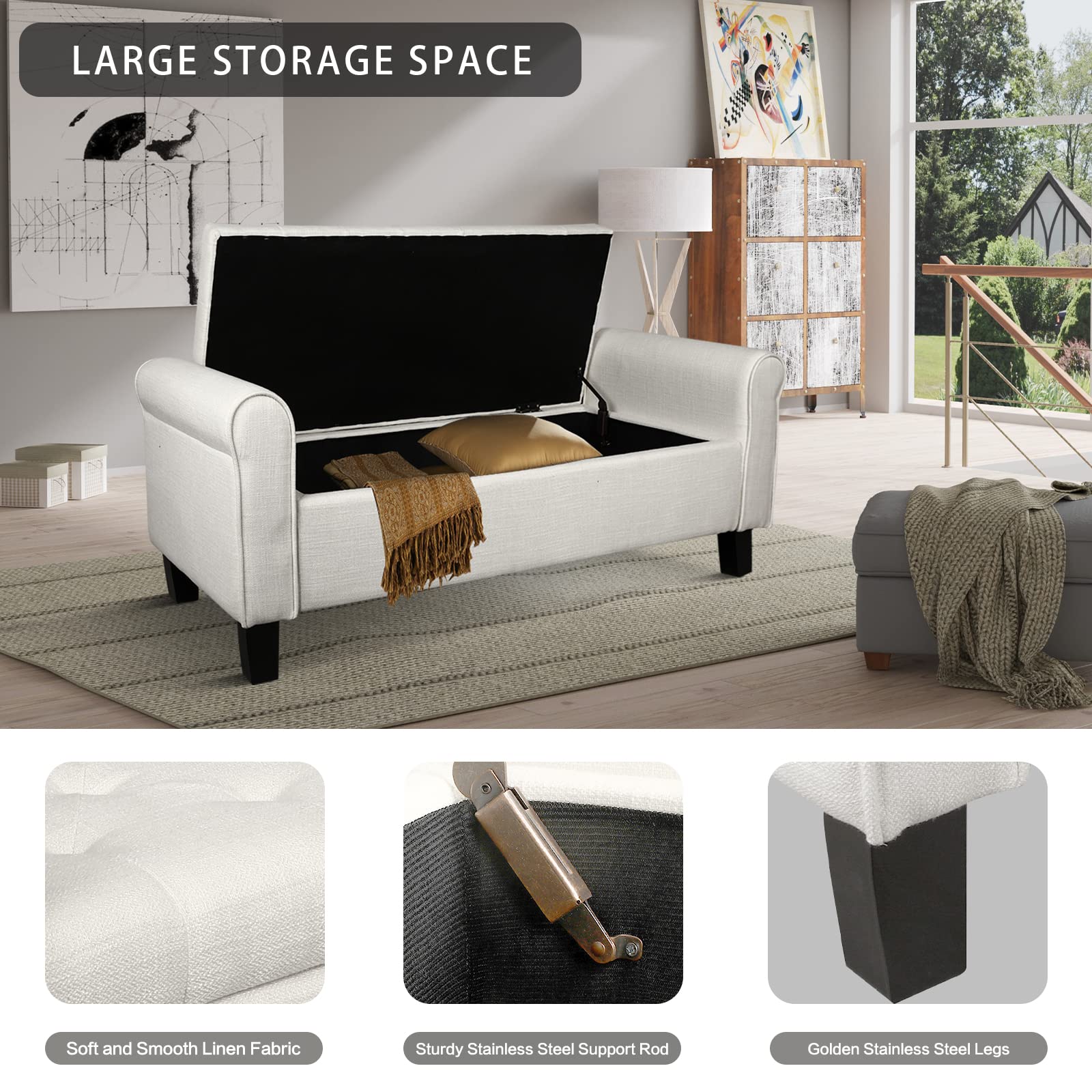 Tufted Storage Ottoman Bench with Arms - Large Upholstered Footrest Seat for Bedroom, Living Room, Entryway & Hallway - Multi-Functional End of Bed Bench with Hidden Storage (Beige) | Perfect for Small Space Organization & Extra Seating