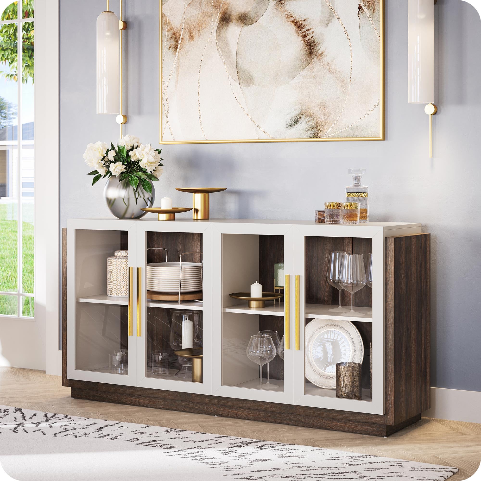 BELLEZE Modern Sideboard Buffet Cabinet with Glass Doors & Storage - White Wood Console Table for Kitchen, Dining Room, Living Room, Hallway or Entryway | Perfect for Home Organization & Stylish Display (Brixston Collection)