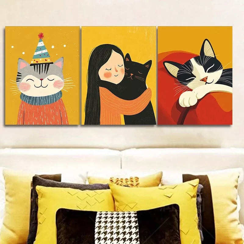 3-Piece Cat Wall Art Set - Yellow Background Framed Canvas Prints 40x60cm | High Quality Australian Made | Perfect for Living Room, Bedroom Decor & Gift Giving