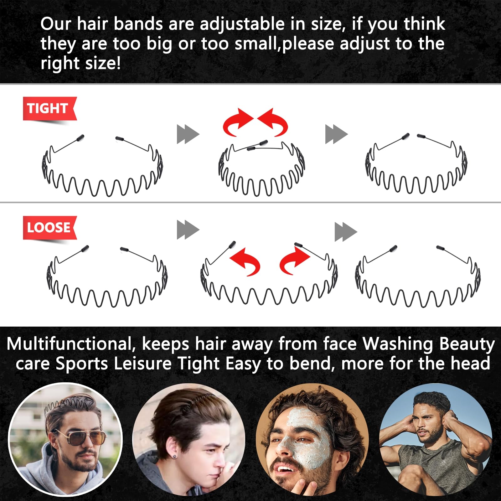 Men's & Women's Metal Headband Set - 6-Piece Wavy Spring Headbands in Neutral Black for Running, Cycling, Yoga & Outdoor Sports - Sweat-Wicking Hair Accessories for Active Lifestyles