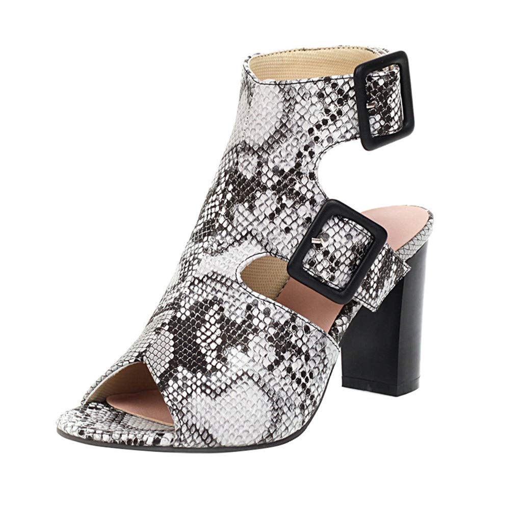 RUIY Women's High Strap Heel Sandals - Thick Buckle Platform Shoes with Snake Grain Design - Sexy Thigh High Fashion Heels for Parties, Night Out & Special Occasions