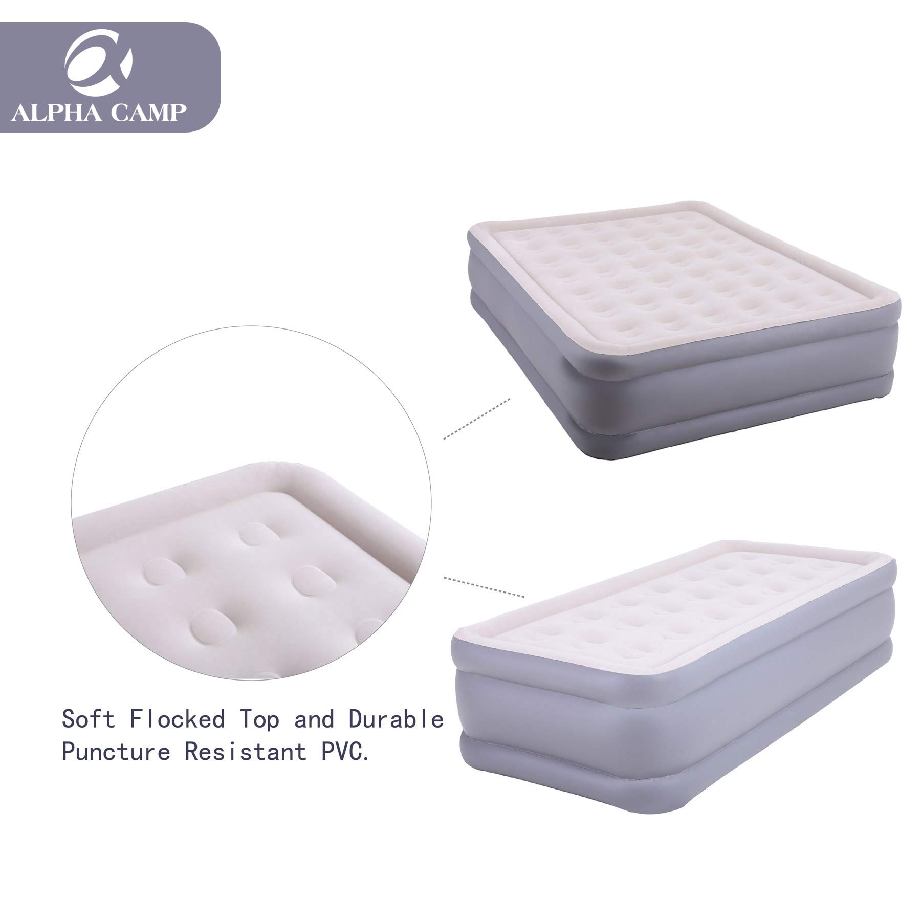 **ALPHA CAMP 18-Inch Twin Air Mattress with Built-in Pump - Double High Inflatable Airbed for Camping, Travel & Guests - Flocked Top, Storage Bag & Repair Patch Kit Included - Perfect for Home, Outdoor & Emergency Use**