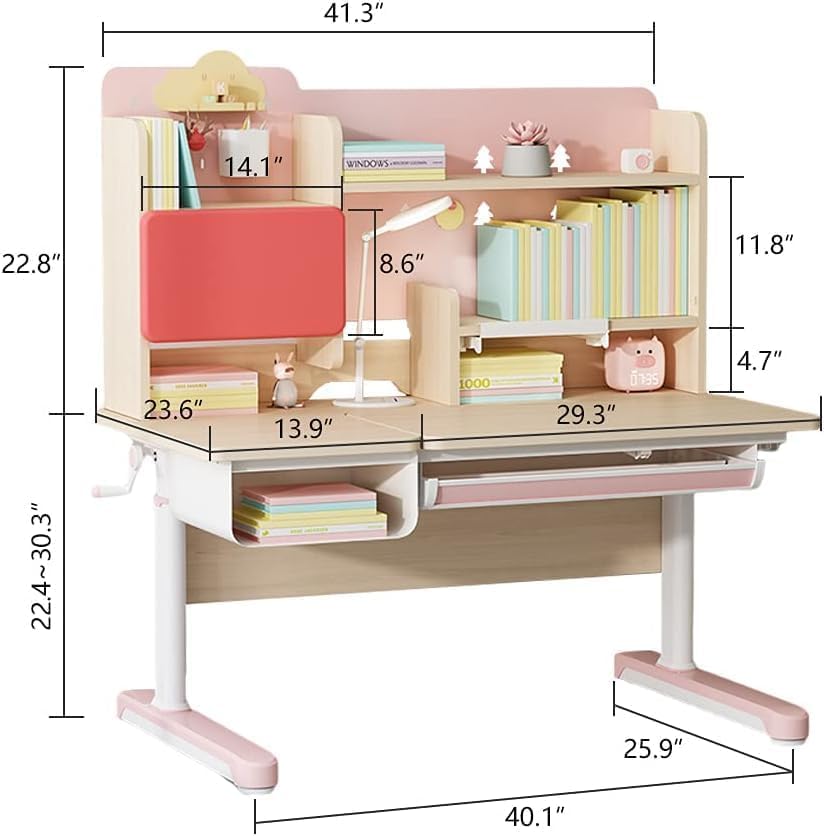 FCD Adjustable Kids Study Desk and Chair Set with Bookshelf, Tiltable Desktop & Storage - Ergonomic Wooden Children's Learning Table for Homework, Drawing & Reading - Perfect for Bedroom, Nursery & Homeschooling (Pink)