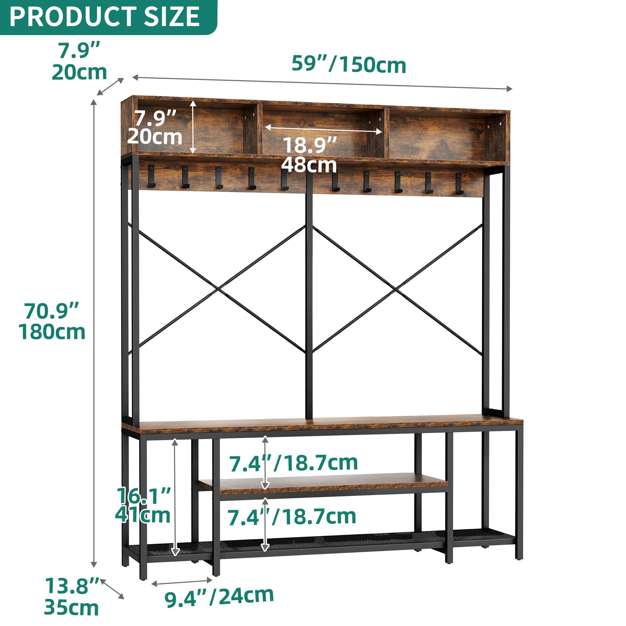 YITAHOME 5-in-1 Industrial Entryway Bench with Coat Rack & Shoe Storage - Freestanding Hall Tree Organizer with 10 Hooks & Shelves - Rustic Brown Wooden Shoe Bench for Hallway, Bedroom, Mudroom - Perfect for Small Spaces & Home Organization
