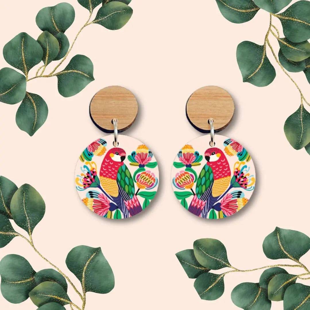 Handmade Australian Rosella Birds Wooden Earrings - Unique Boho Dangle Earrings for Women - Perfect for Casual Wear, Parties & Gifts