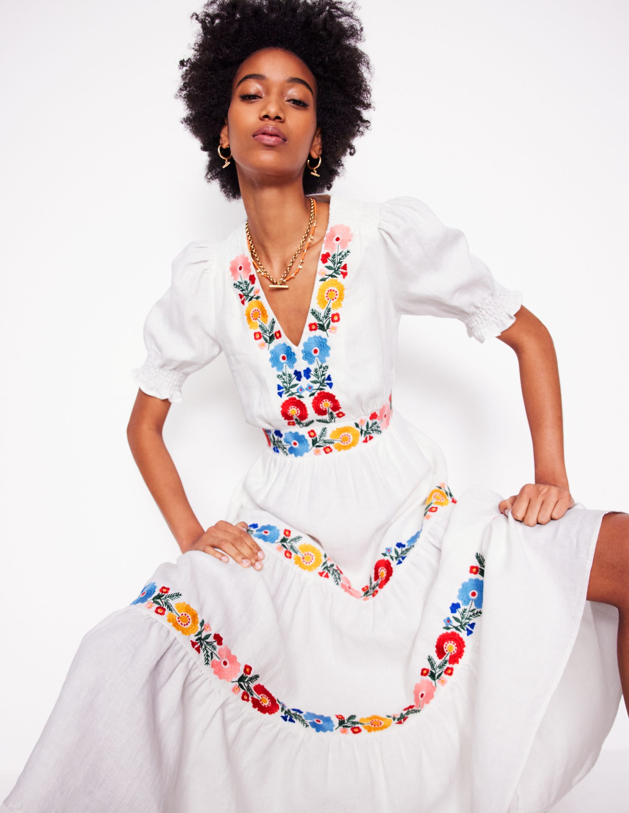 Anna Linen Tiered Midi Dress - White with Multi-Color Embroidery | Summer Casual Wear, Beach Cover Up, Boho Chic Outfit