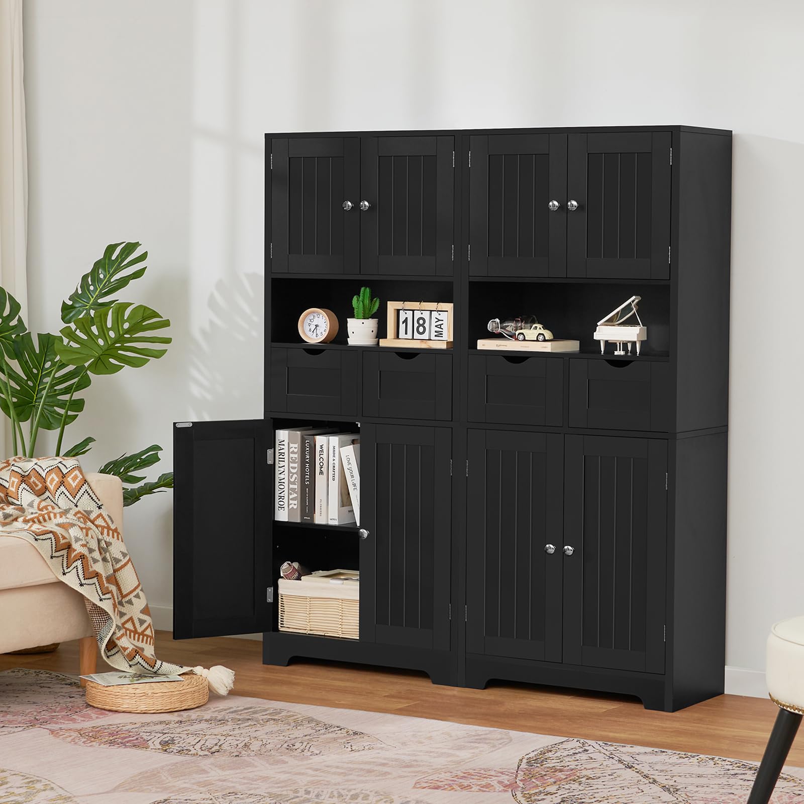 Iwell Tall Storage Cabinet with Adjustable Shelves - 2-Drawer Bathroom & Linen Organizer for Living Room, Bedroom, or Office - Black Wooden Cabinet for Towels, Blankets & Home Storage
