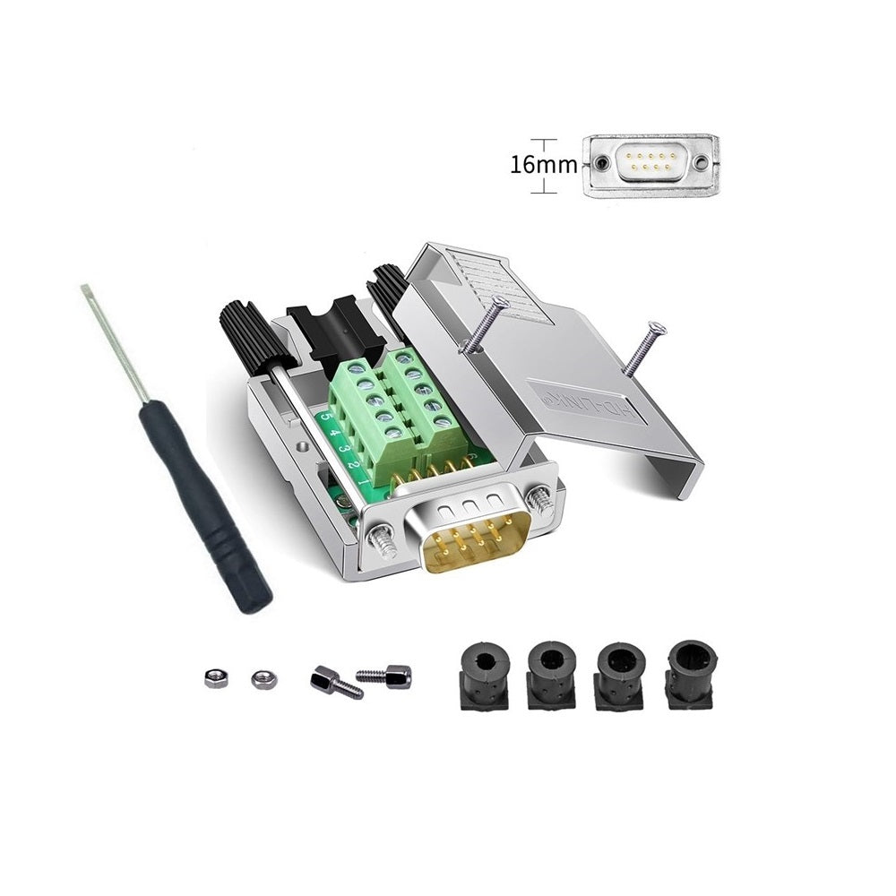DB9 Male Solderless Shielded Metal Hood RS232 D-SUB Serial Adapter - Breakout Connector for Industrial Automation, CCTV & Computer Networking
