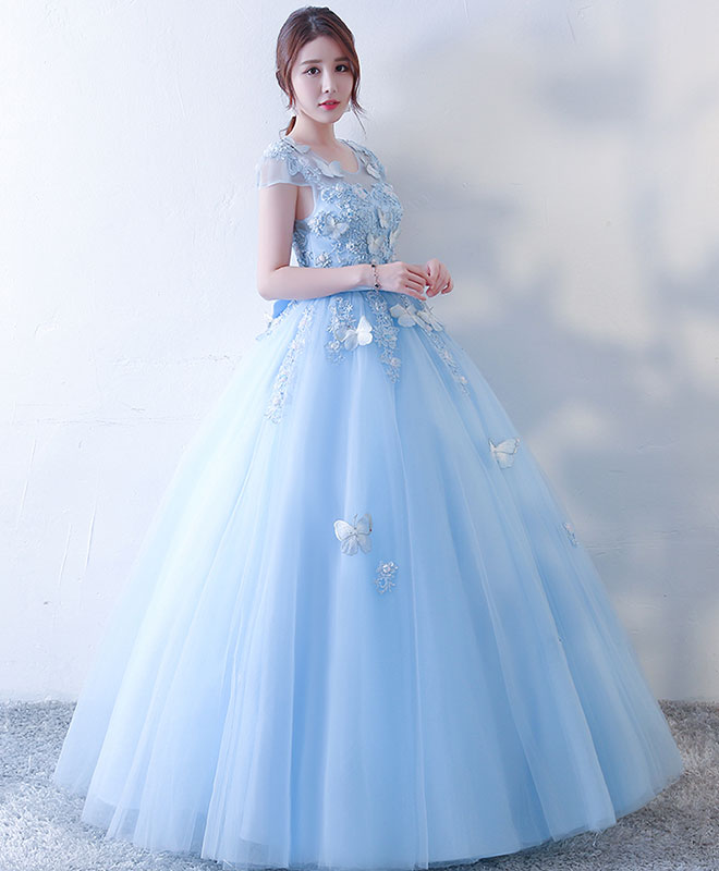 Elegant Blue Tulle Lace Long Prom Dress for Sweet 16 Party, Homecoming, and Formal Events - Plus Size Options Available