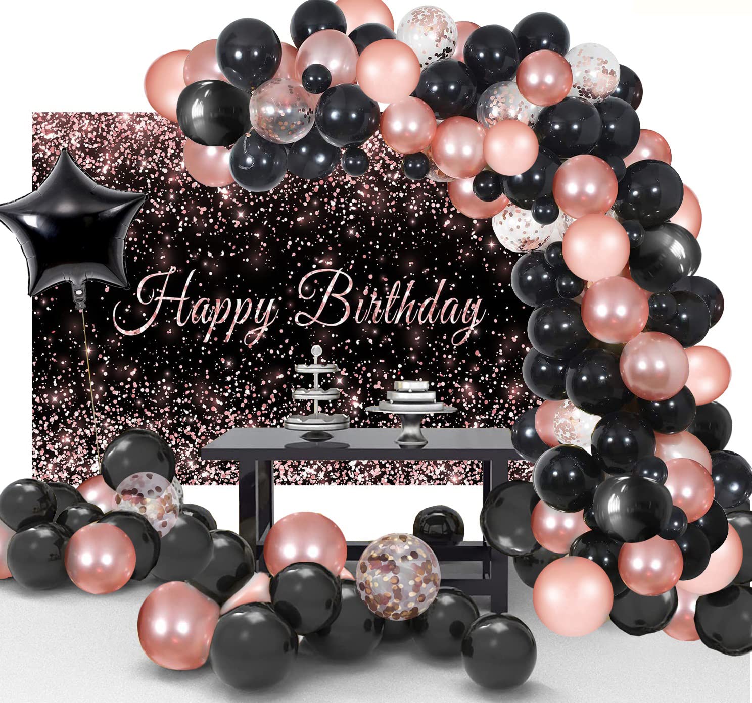100pcs Rose Gold & Black Birthday Balloons Set - Photography Backdrop Banner Decor for Boys, Girls, Men & Women Birthday Parties | Perfect for Indoor/Outdoor Celebrations, Baby Showers & Anniversary Decorations