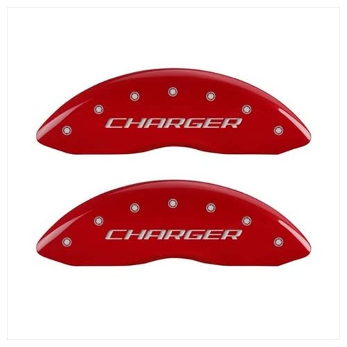 4-Piece Caliper Cover Set - Engraved Front & Rear Brake Covers (Block/Charger Design) - Red Powder Coated Finish - Upgrade Your Car's Performance & Style for Sports Cars & Muscle Vehicles