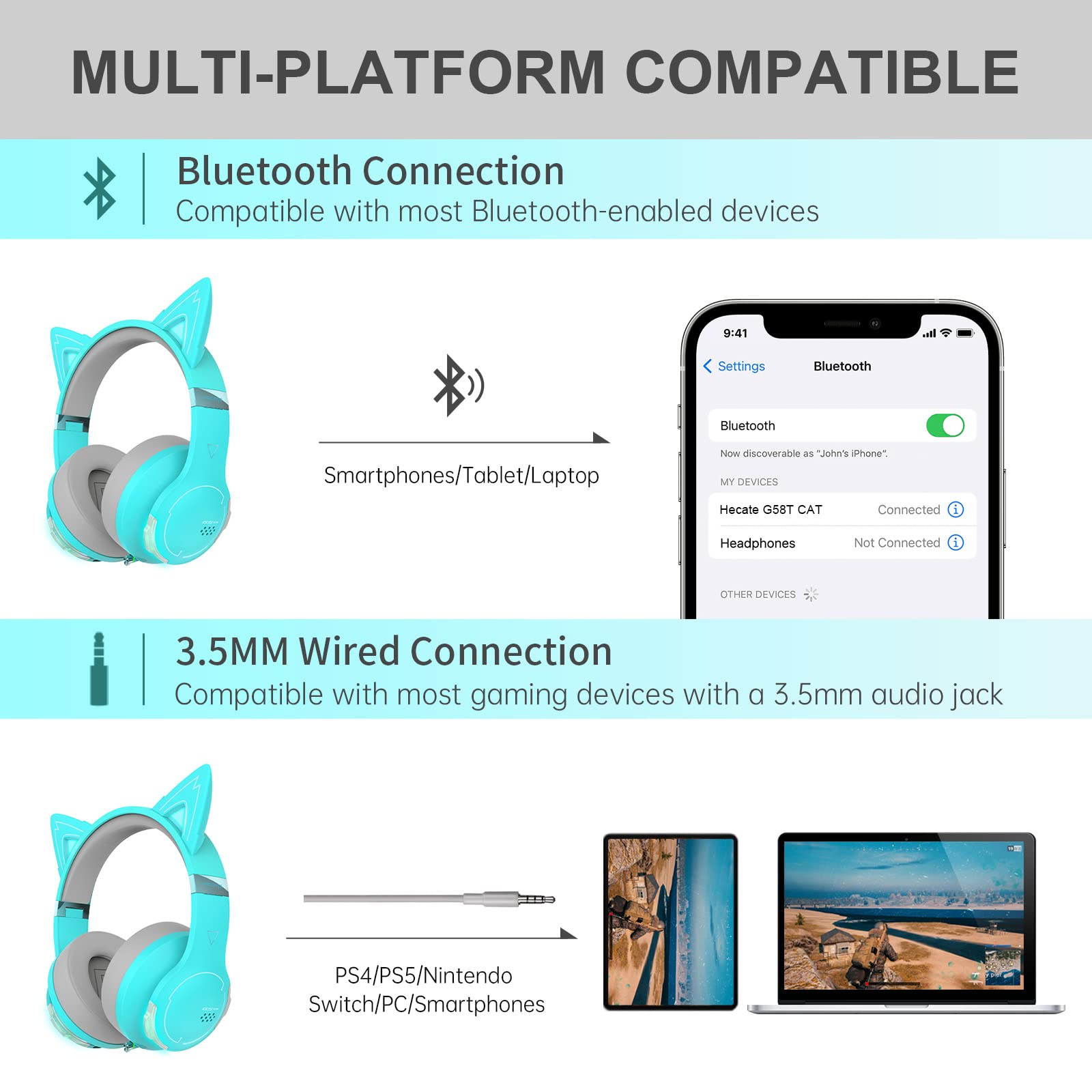 Edifier G5BT CAT Wireless Bluetooth Gaming Headset with Microphone - Detachable Cat Ear RGB Light Over-Ear Headphones for PC, PS5, PS4, Nintendo Switch (Turquoise) - Perfect for Gaming, Streaming & Online Classes