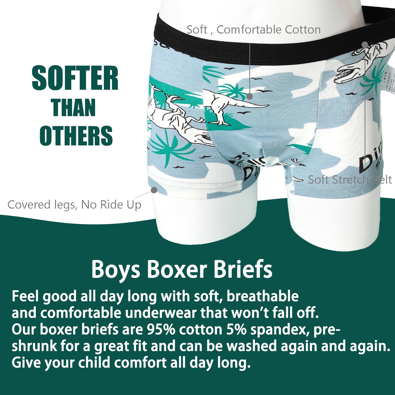 Dinosaur Boys Underwear 8-Pack - Cotton Boxer Briefs for Toddlers 2-12 Years - Playtime Comfort
