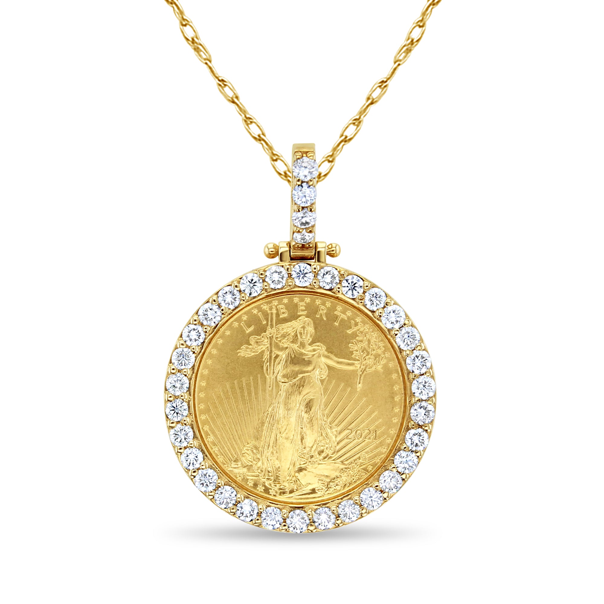 1/4OZ Lady Liberty Diamond Halo Necklace - 14K Gold Pendant for Women, Elegant Jewelry Gift for Anniversary & Valentine's Day | Perfect for Parties, Weddings & Special Occasions