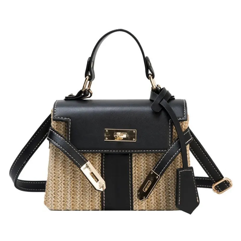 Stylish Woven Straw Handbag for Women - Designer Wicker Crossbody Shoulder Bag with Chic Lock, PU Trim - Perfect for Summer Beach, Vacation & Outdoor Activities