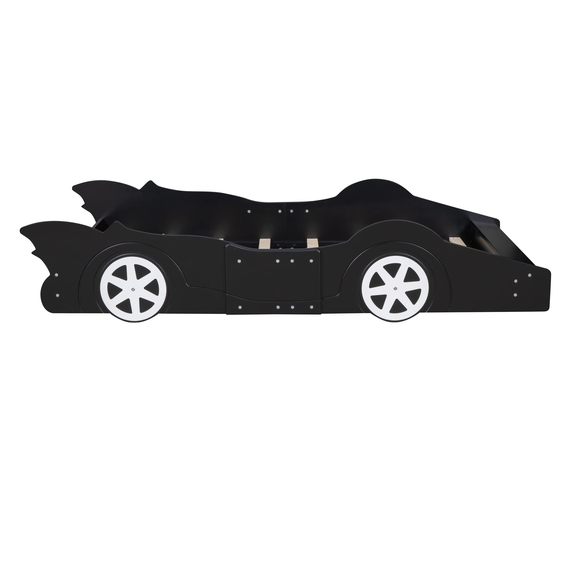 Race Car Twin Size Platform Bed Frame - Wooden Car Shaped Bed with Wheels for Kids Boys & Girls, Lightning McQueen Style Bed, No Box Spring Needed (Black+White) - Perfect for Kids' Bedroom, Playroom & Themed Decor