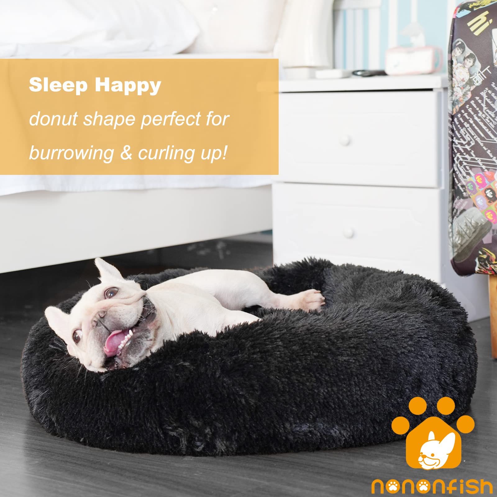 Washable Black Fluffy Plush Dog Bed for Small Dogs - 23 Inch Round Donut Calming Pet Bed | Machine Washable | Perfect for Puppies, Kennels & Home Use