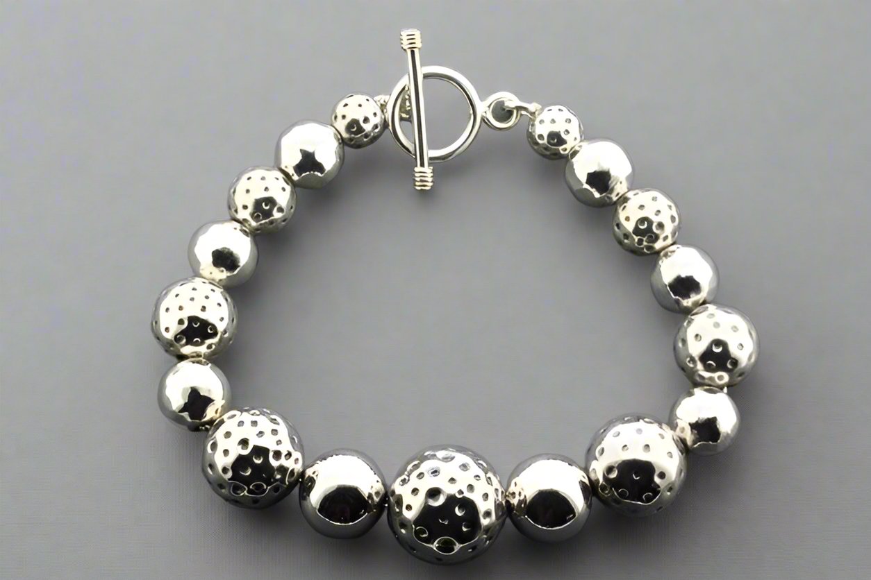 Sterling Silver Battered & Needle Hammer Ball Bracelet - Elegant Handmade Jewelry for Women, Perfect for Casual Wear & Special Occasions