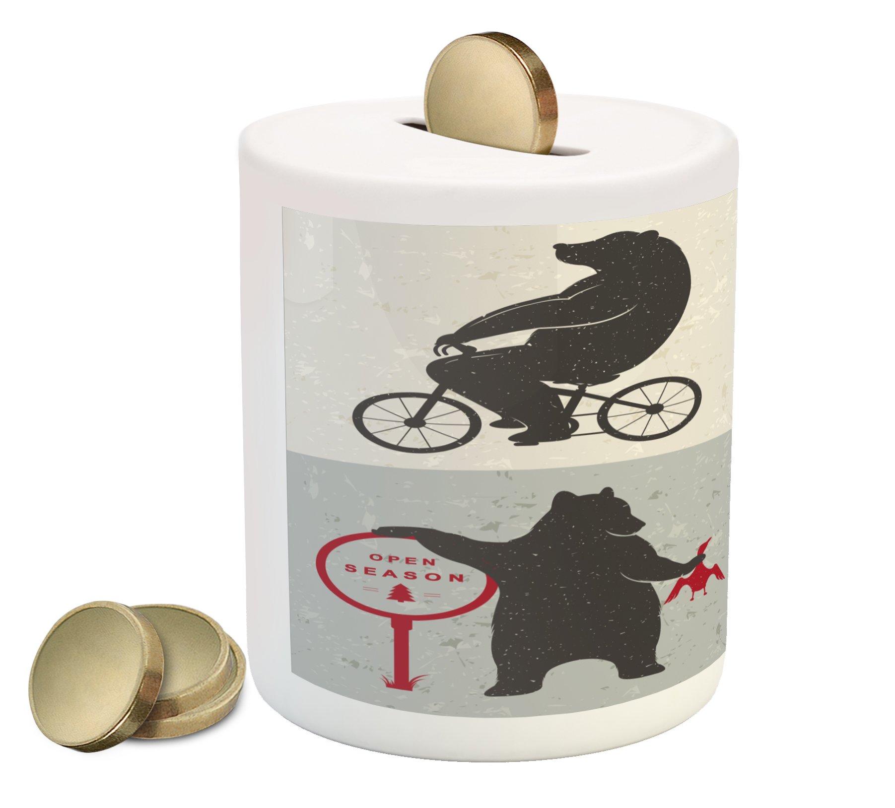 Ambesonne Bear Piggy Bank - Funny Drawing Style Ceramic Coin Bank for Cash Saving, Unique Mascot Hunter Biker Musician Travel Design - Perfect for Kids Room Decor, Office Desk Organizer & Gift Idea