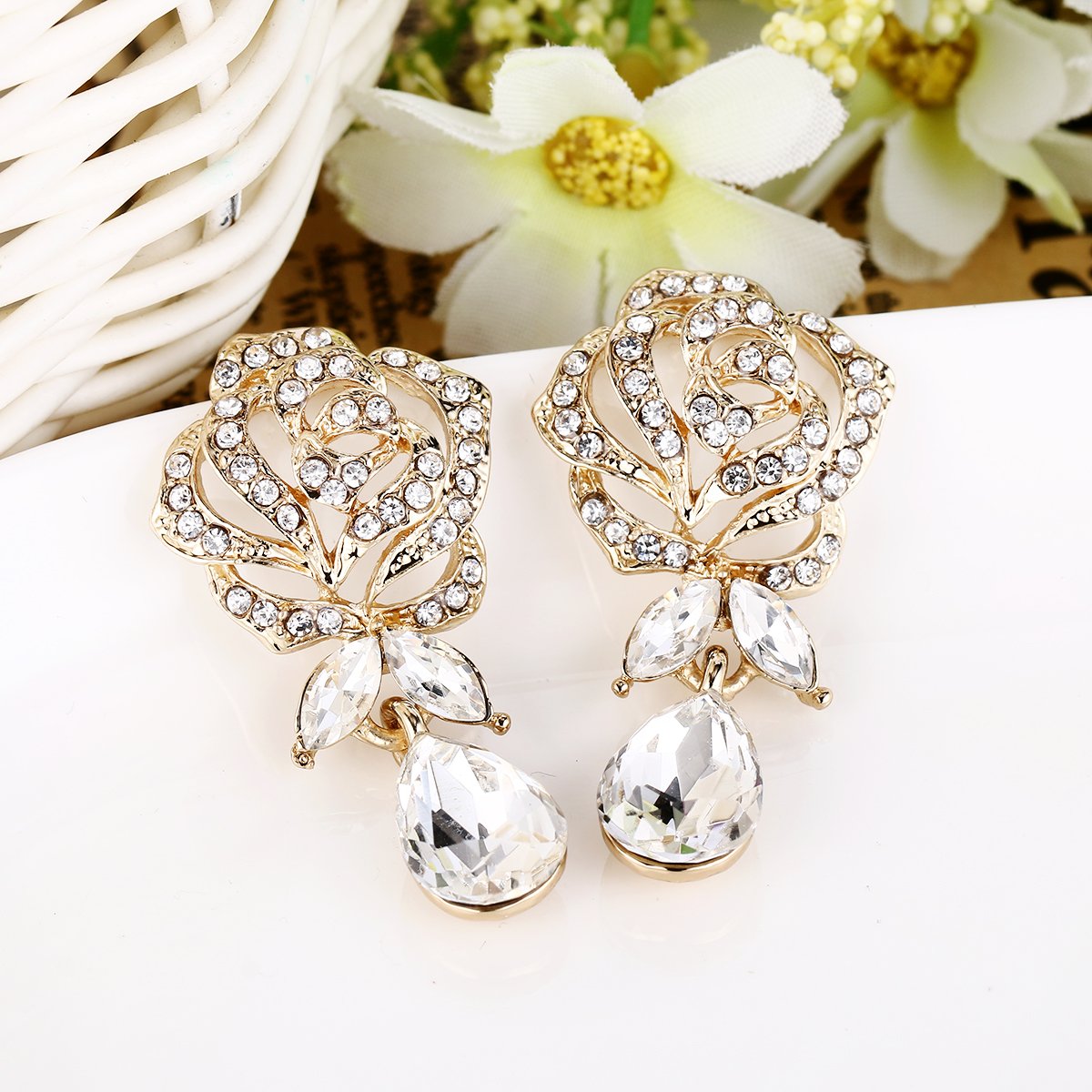 EVER FAITH Bridal Wedding Earrings for Women - Austrian Crystal Rose Flower Dangle Earrings, Romantic Pierced Jewelry for Bride - Perfect for Weddings, Prom, Anniversaries & Special Occasions
