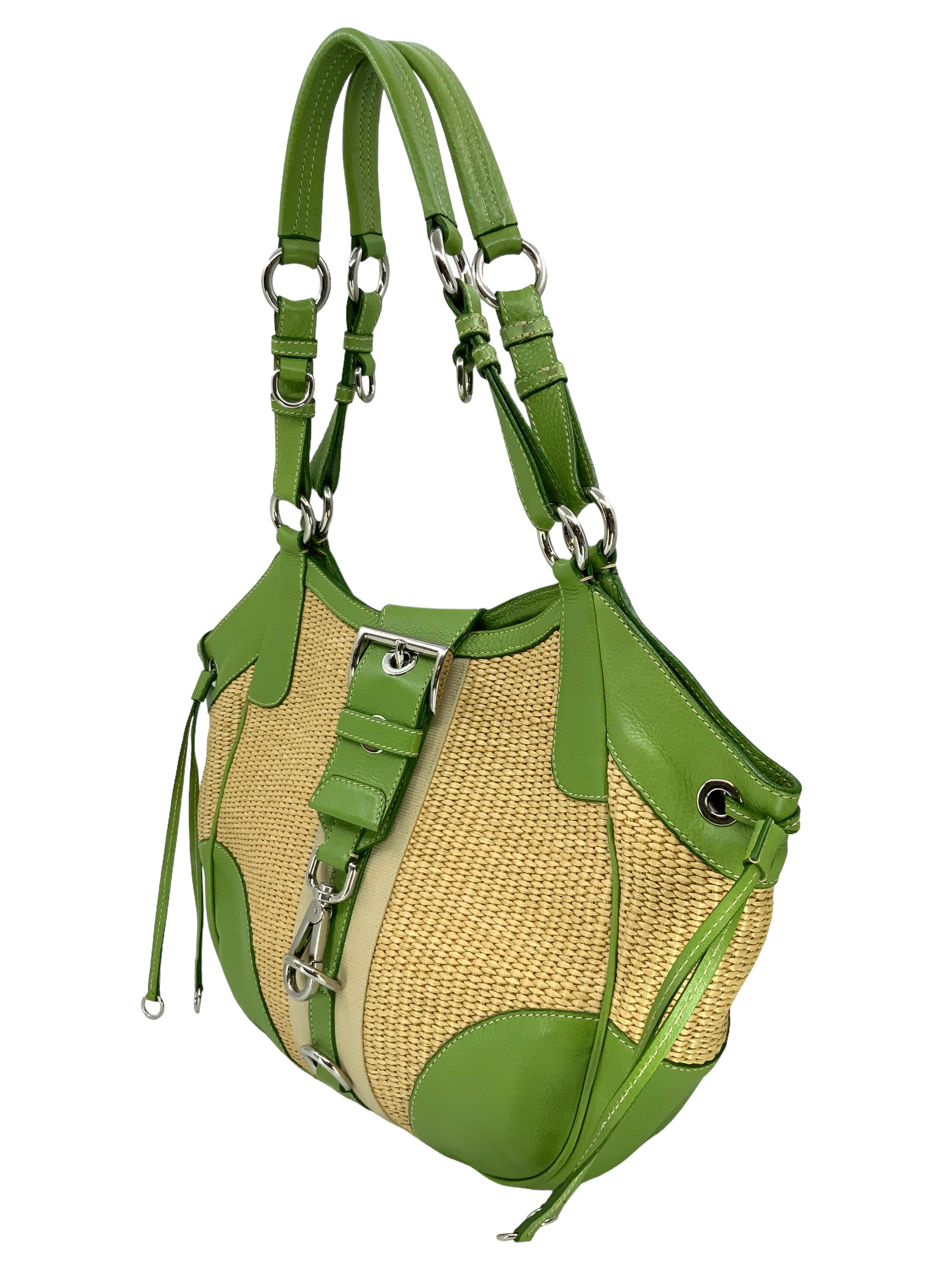 PRADA Leather and Straw Shoulder Bag for Women | Luxury Designer Handbag for Summer, Beach, and Casual Outings