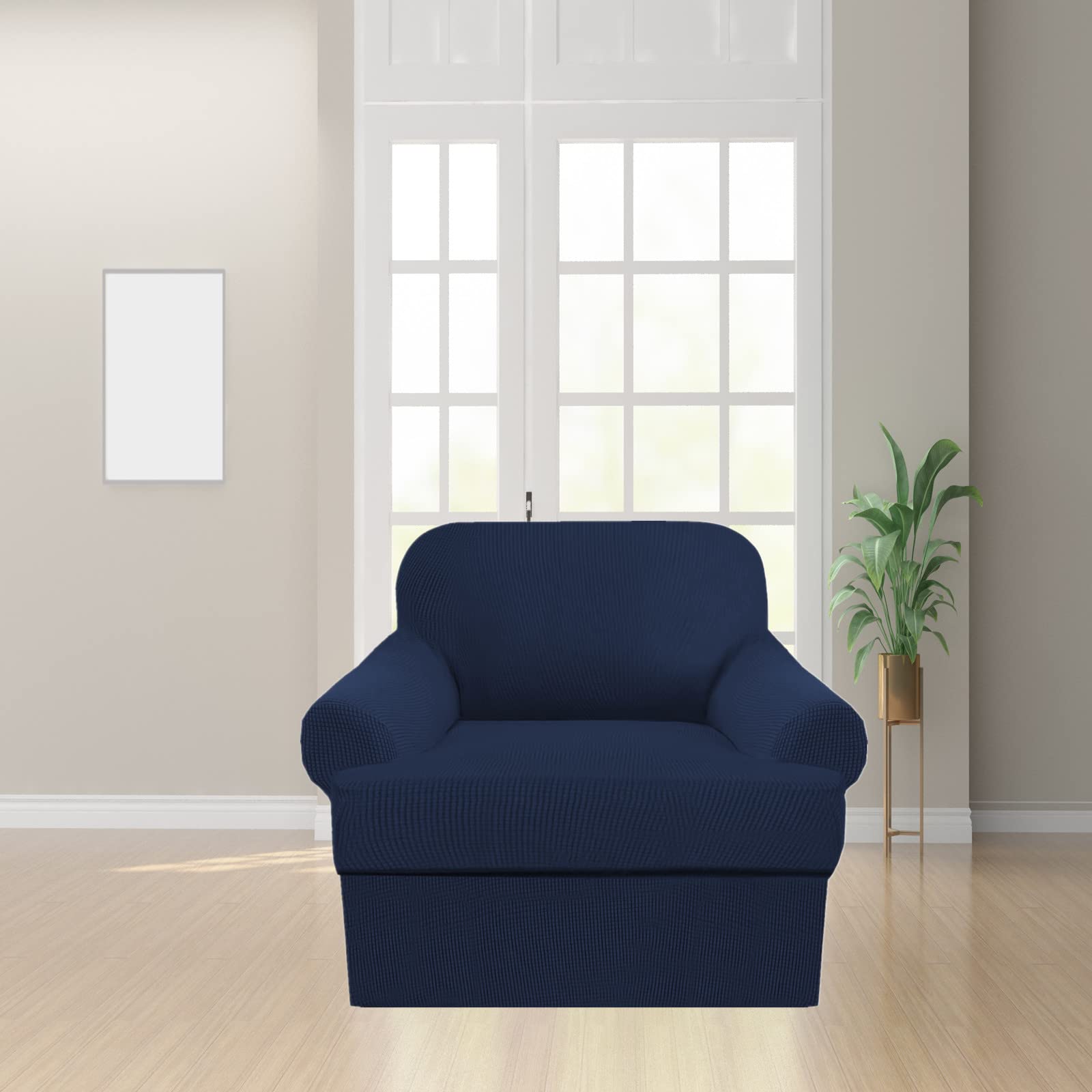 2-Piece T-Cushion Sofa Slipcovers - Thick Stretchable Couch Cover Furniture Protector for 1-Cushion Sofa with Washable T-Cushion Covers - Navy Blue (Fits Chair & Loveseat) - Perfect for Living Room, Office & Home Decor Protection