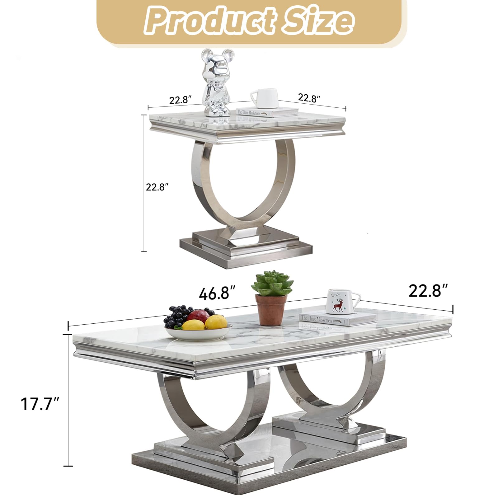 3-Piece Marble Coffee Table Set for Living Room - Faux Marble Top with Wood & Stainless Steel Frame - Modern Nesting Tables for Apartment, Home Office (Silver) | Perfect for Small Spaces, Coffee Serving & Stylish Home Decor