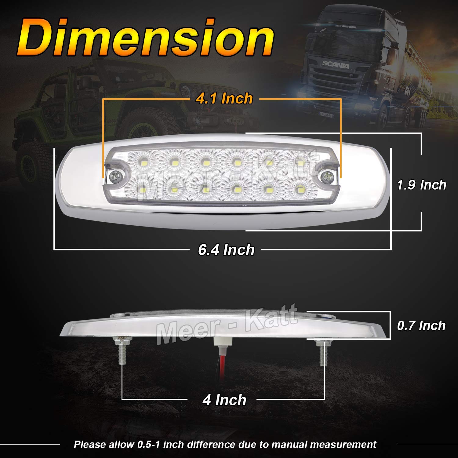 Meerkatt 6.4 Inch Side Marker Lights - Fish Shape Clearance Lamps with Chrome Bezel, 12 LED 12V DC Waterproof Blue Lights for Trailers, RVs, Trucks (Pack of 20) - Perfect for Nighttime Visibility & Vehicle Safety