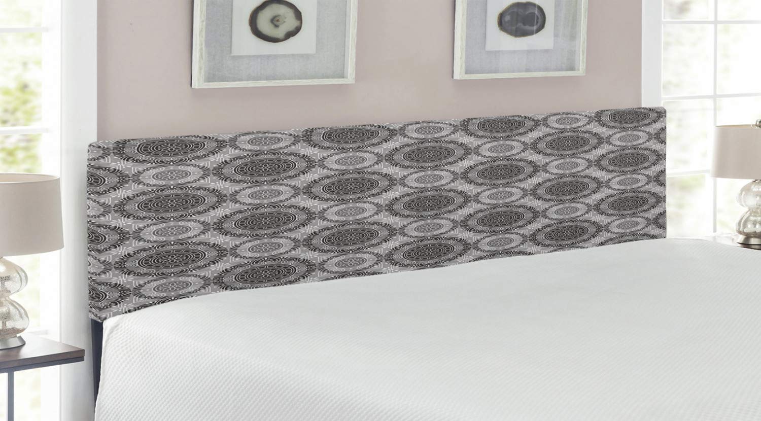 Ambesonne Grey Upholstered Headboard King Size - Antique Floral Damask Pattern with Ornamental Metal Frame & Memory Foam Padding - Traditional Bedroom Decor for Master Bed, Guest Room, Dorm (Grey/Black/White)