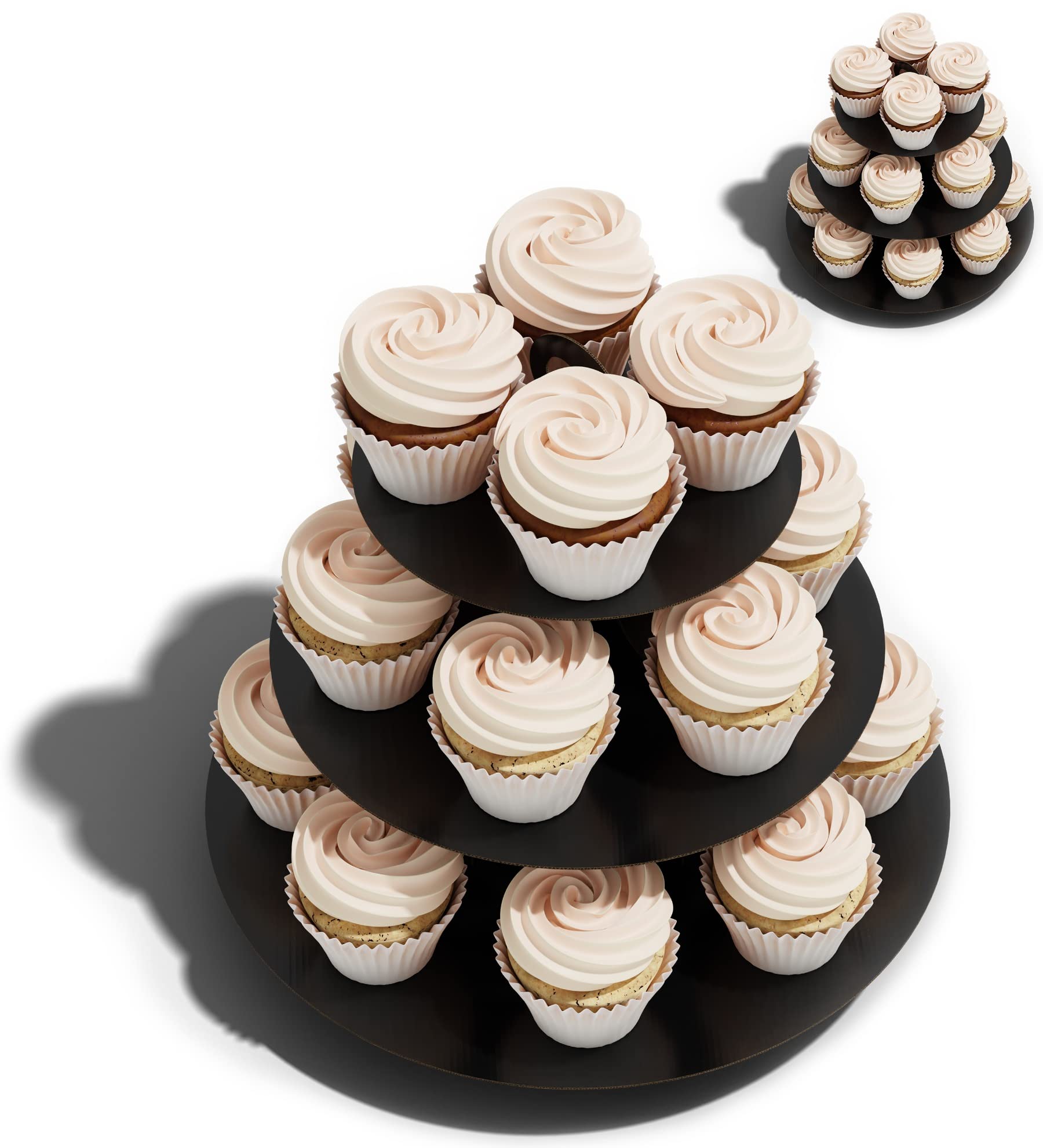 2 Pack Black 3-Tier Cupcake Stand Tower - BLISSUR Sturdy Cardboard Dessert Holder for Parties, Weddings, Baby Showers & Events - Perfect for Displaying Cupcakes, Cookies & Treats