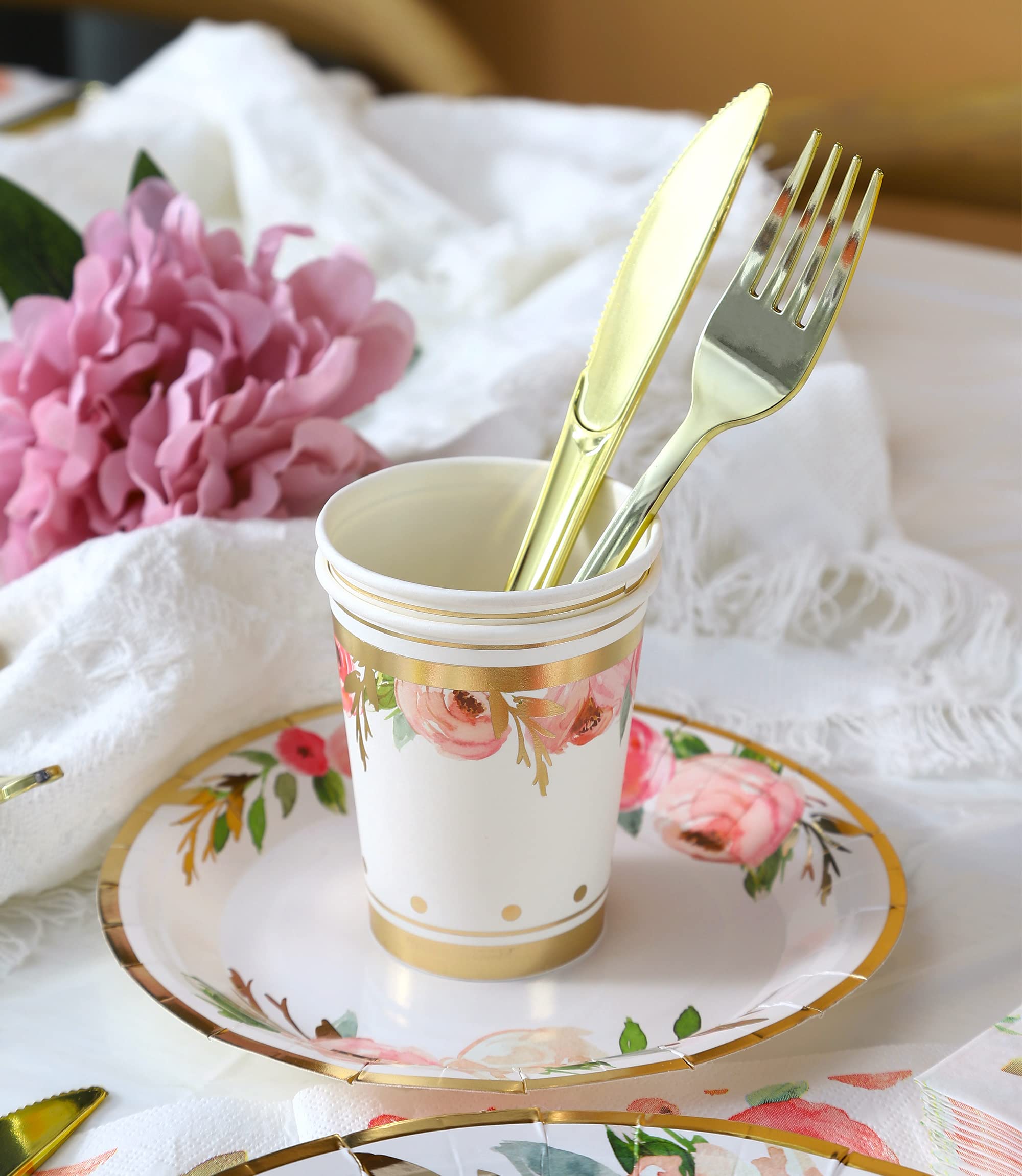 Floral Paper Plates and Napkins Set for 16 Guests - Pink & Gold Flower Party Supplies with Cups, Cutlery - Perfect for Baby Showers, Bridal Showers, Tea Parties & Birthday Celebrations