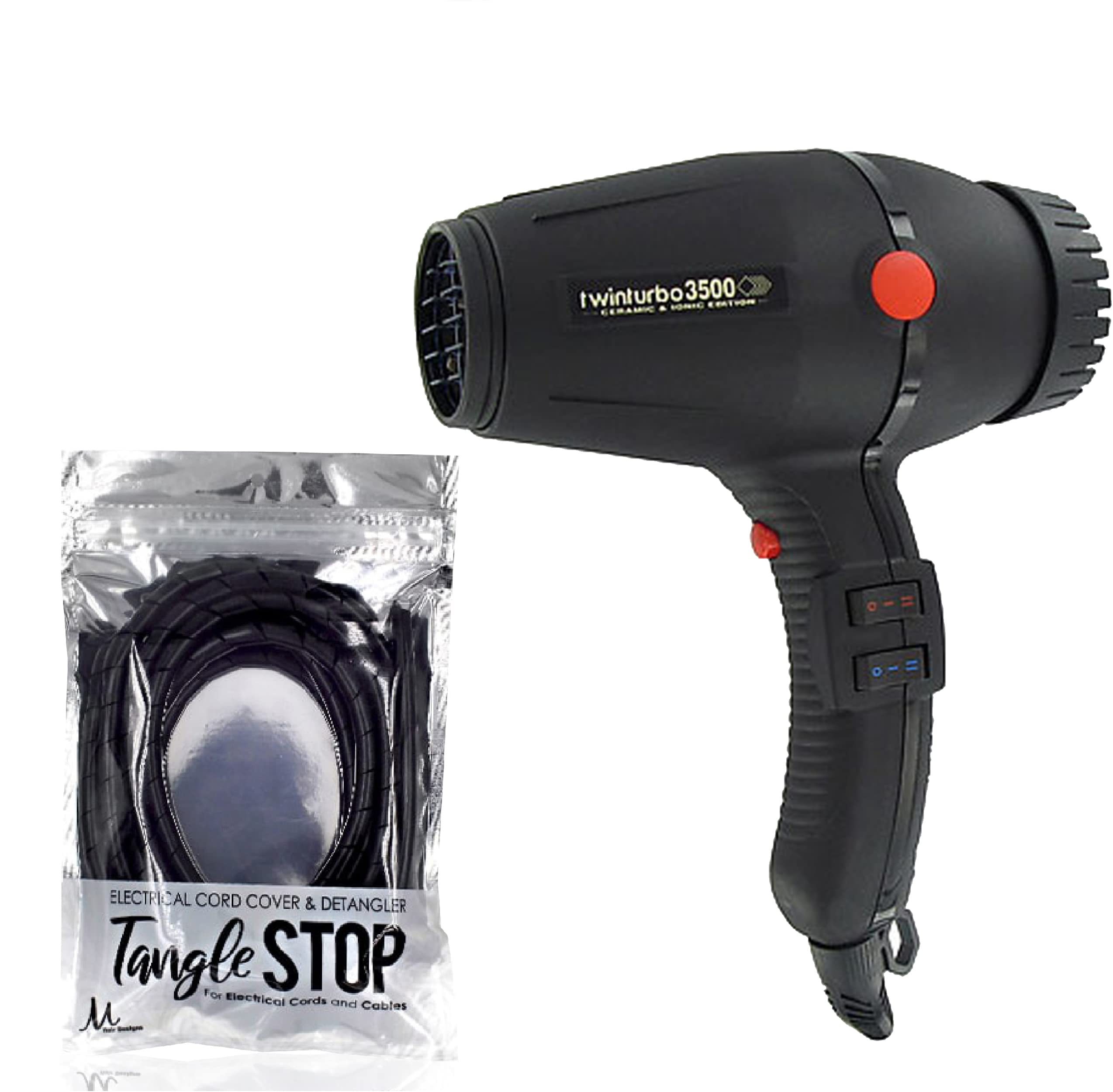 Turbo Power Twin Turbo 3500 Ceramic & Ionic Professional Hair Dryer with M Hair Designs Tangle Stop Cord Detangler - Fast Drying, Frizz Control for Salon-Quality Styling at Home (2-Piece Hair Care Bundle)
