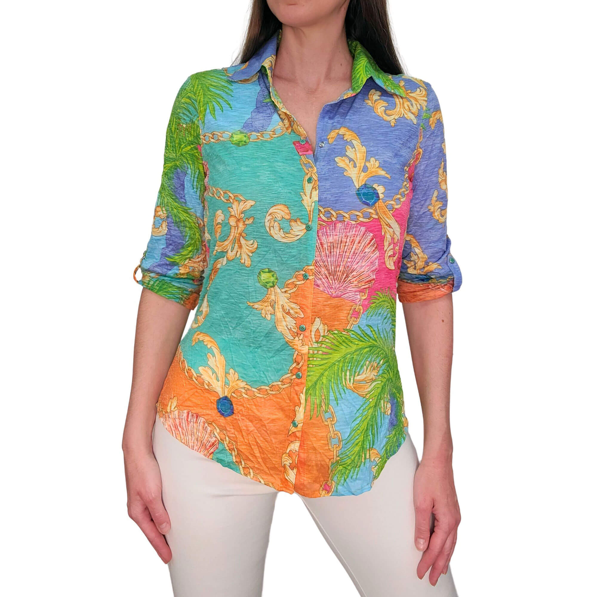 David Cline Kefalonia Roll Up Sleeve Top for Women - Lightweight Summer Beach Shirt, Casual Boho Blouse with Button Detail - Perfect for Vacations, Travel & Seaside Outings