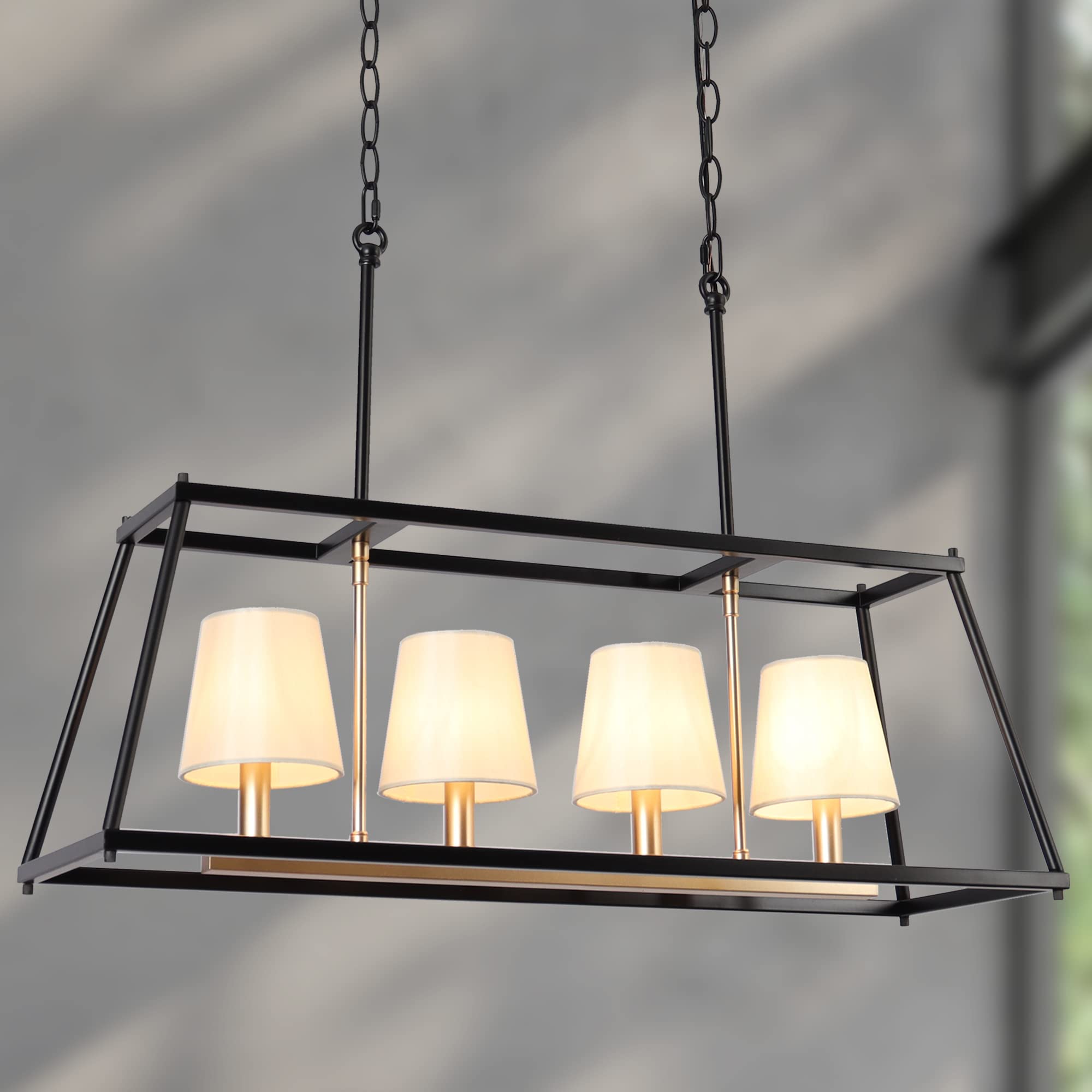 ZEVNI 4-Light Black Gold Chandelier - Modern Linear Dining Room Light Fixture with White Fabric Lampshades | Industrial Kitchen Island Lighting for Restaurants, Cafes & Home Decor