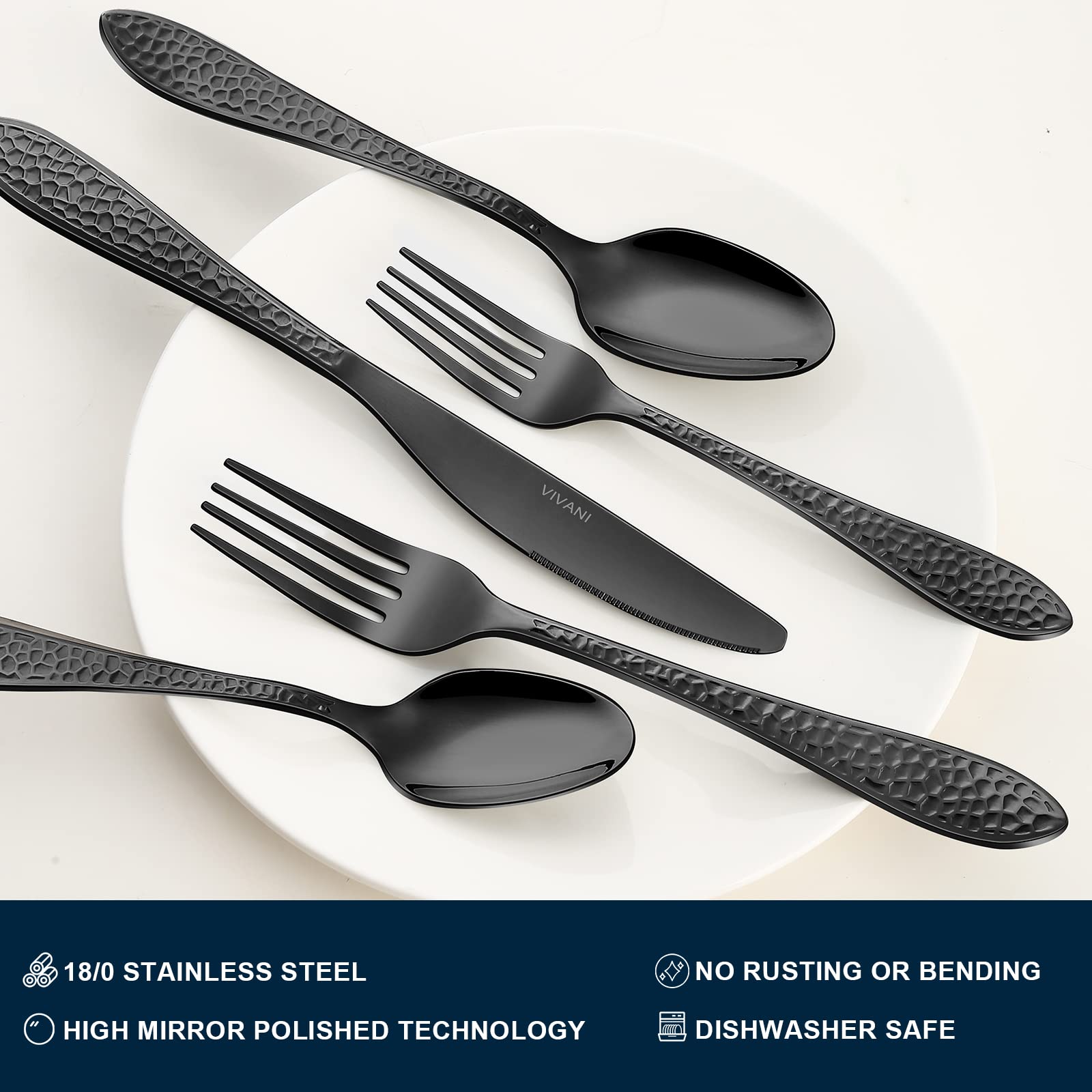 Arlox 40-Piece Black Silverware Set for 8 People - Premium Stainless Steel Flatware Set with Hammered Design & Mirror Polish - Dishwasher Safe Cutlery for Everyday Dining, Parties & Gifts