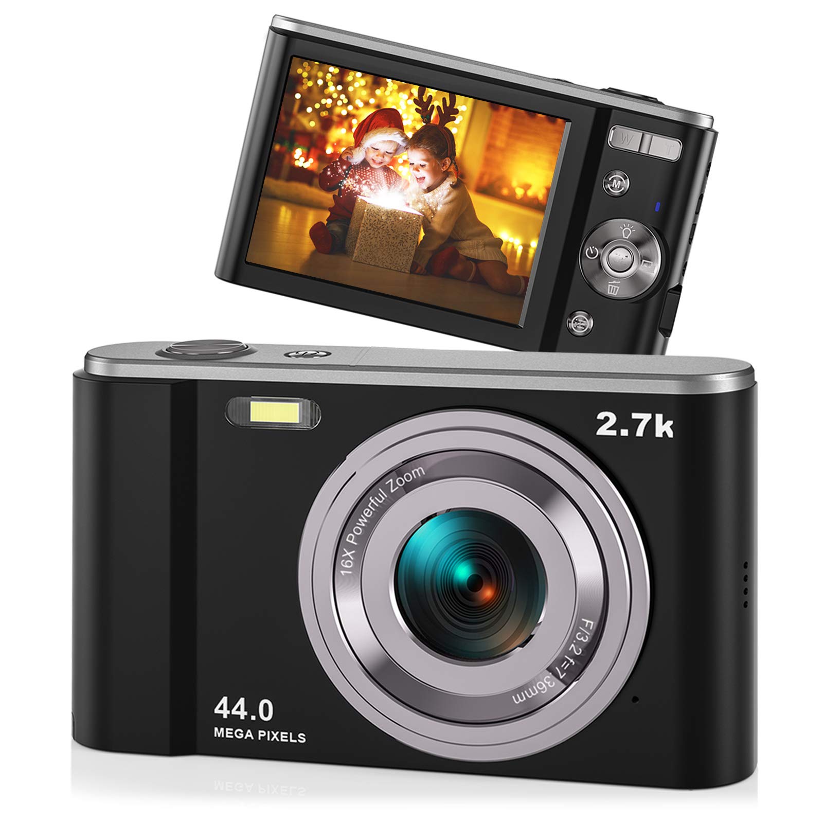 2.7K HD Digital Camera with 44MP & 16X Zoom - AiTechny Vlogging Camcorder for Kids & Beginners, Rechargeable Compact Mini Camera, Perfect Birthday Gift (Black) - Great for Travel, YouTube Videos & Family Moments