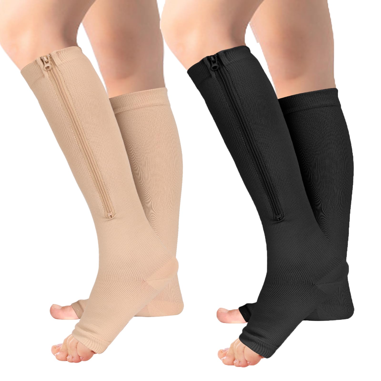 2 Pairs of Zipper Compression Socks for Women & Men - Medical Grade Support Stockings for Circulation, Travel & Recovery - Perfect for Nurses, Athletes & Long Flights